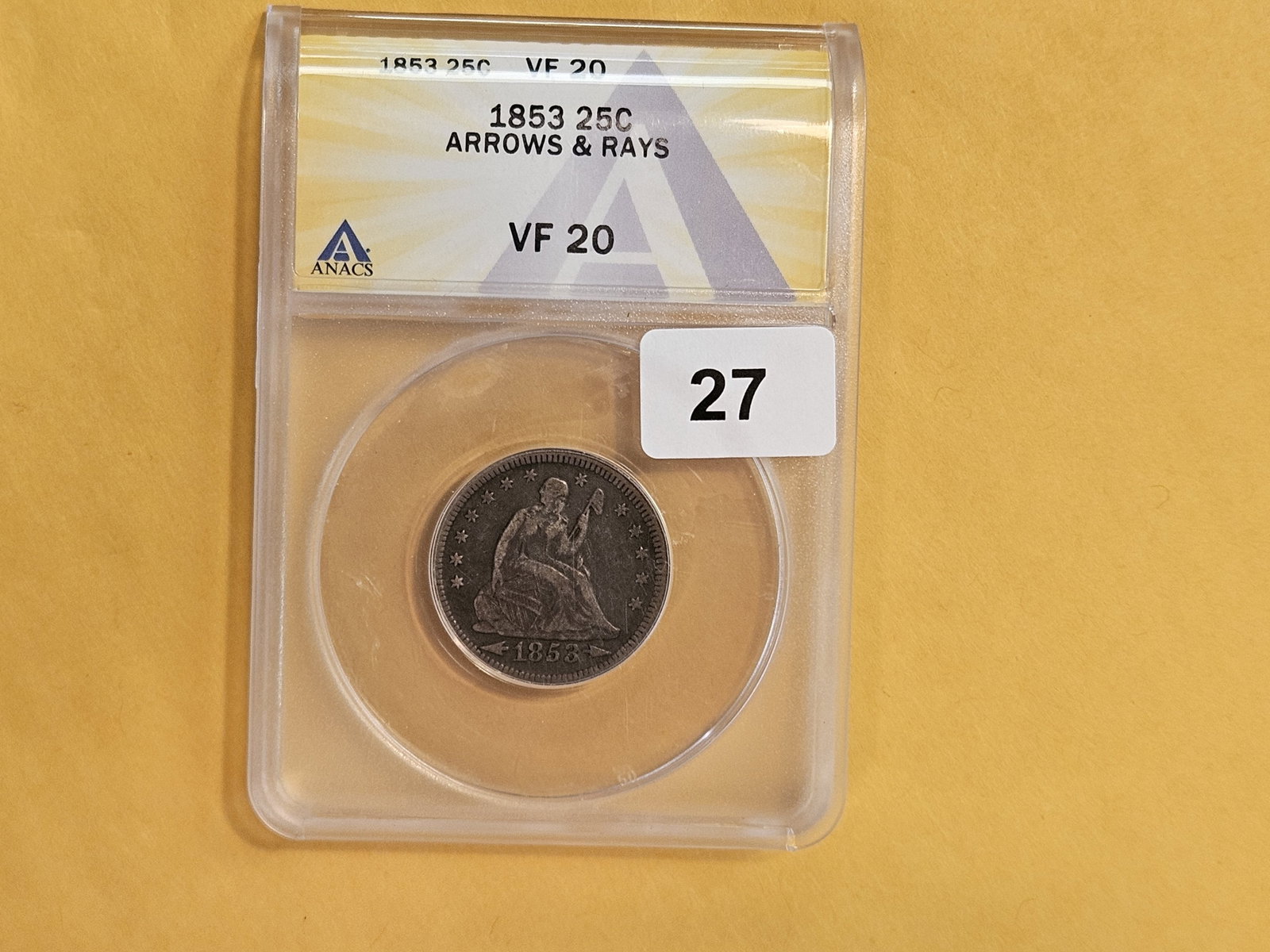 ANACS 1853 With Arrows and Rays Seated Liberty Silver Quarter - 2