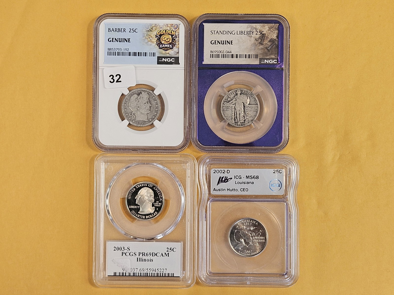 Four different, Graded, Quarters: Barber, Standing Liberty and Washington