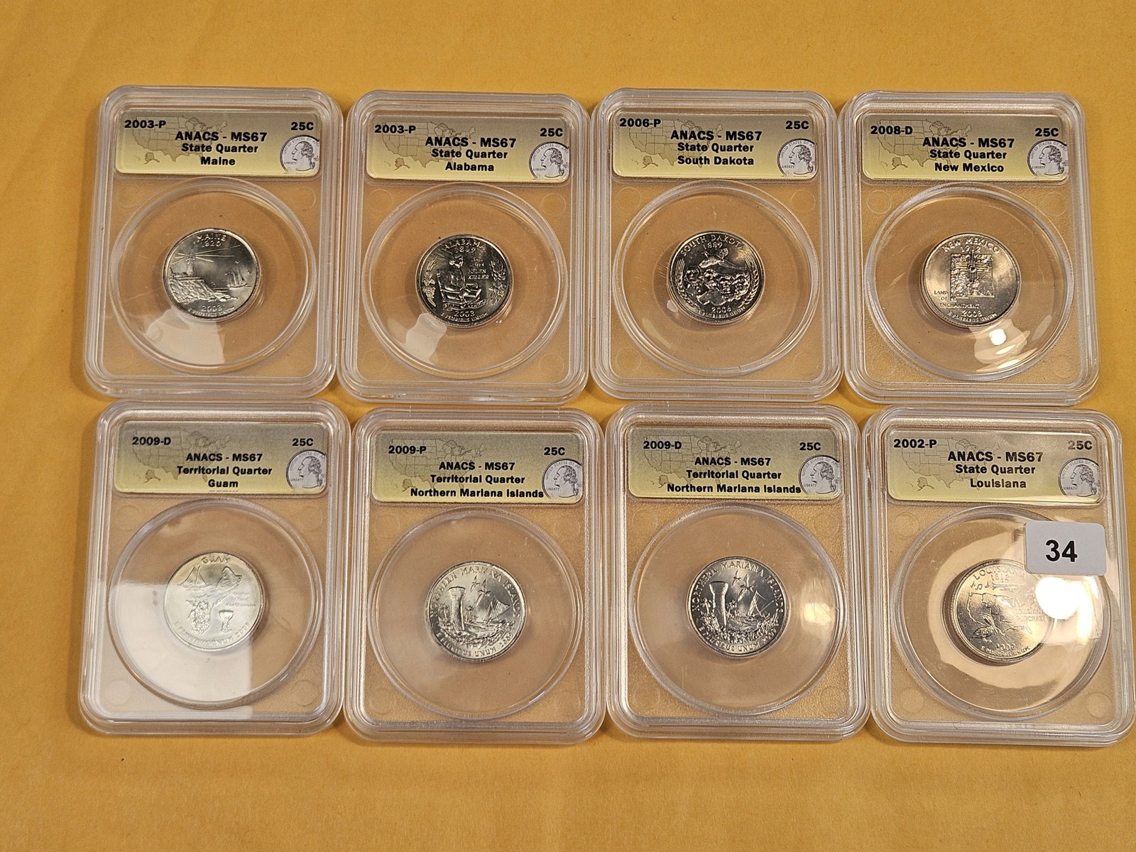 Eight, Superb GEM, ANACS-graded Mint State 67 Washington Quarters - 2