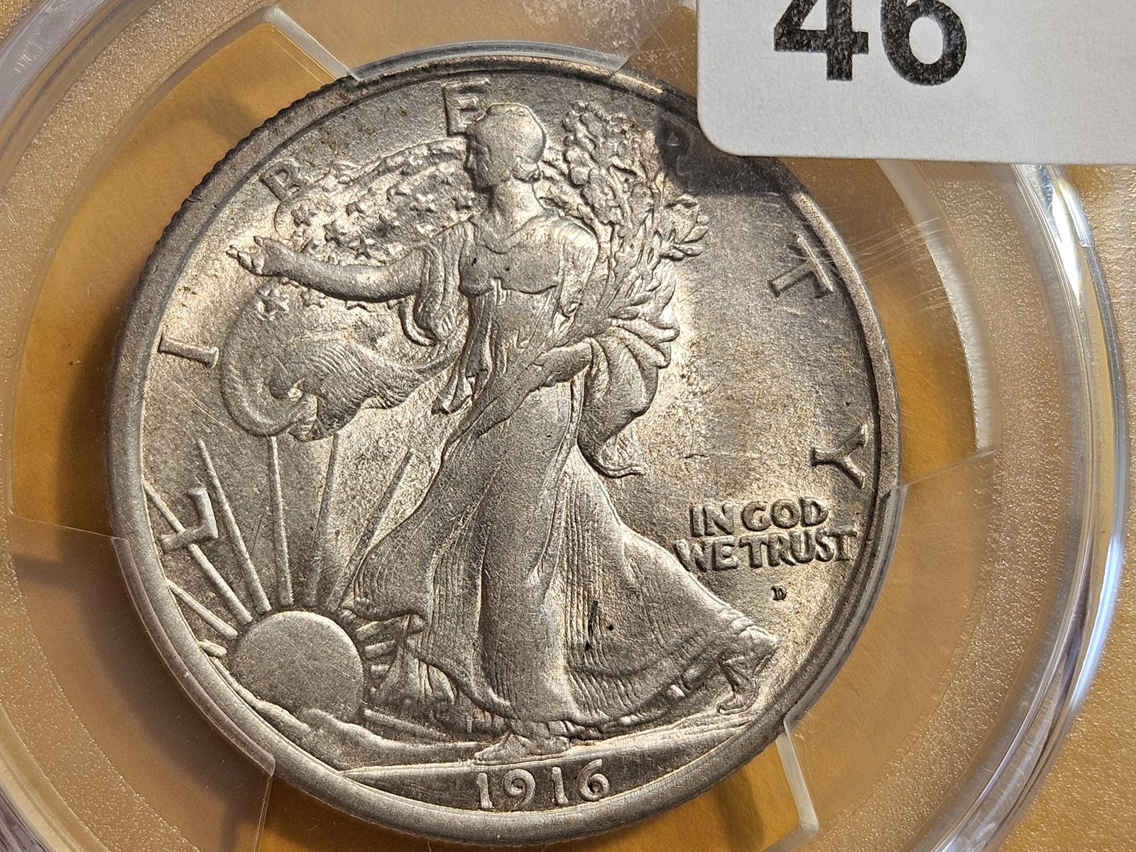 PCGS 1916-D Walking Liberty silver Half Dollar in Brilliant About Uncirculated plus - details: Housed in an retro-PCGS 40th Anniversary Green holder label!