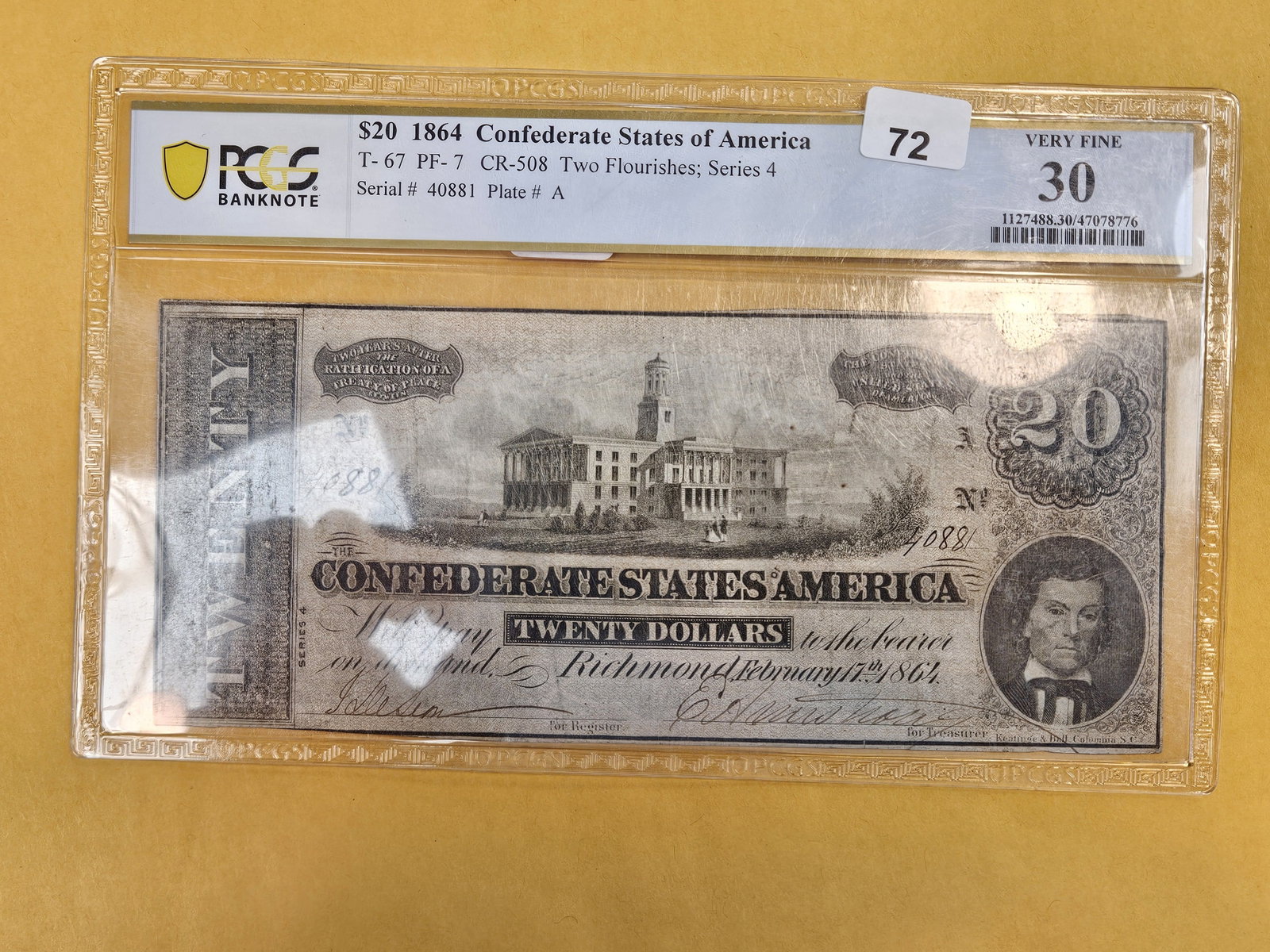 PCGS Banknote 1864 Confederate States of America $20 in Very Fine - 30: T-67. PF - 7. CR-508. Two Flourishes
