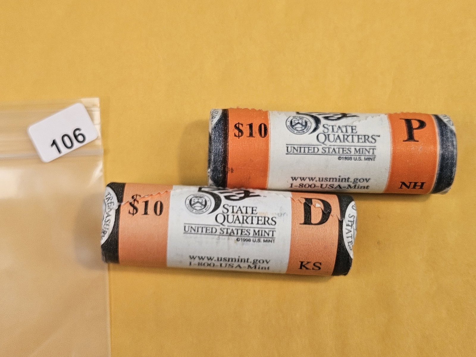 Two GEM Brilliant Uncirculated MINT-Wrapped Quarter Rolls: Kansas-D and New Hampshire-P