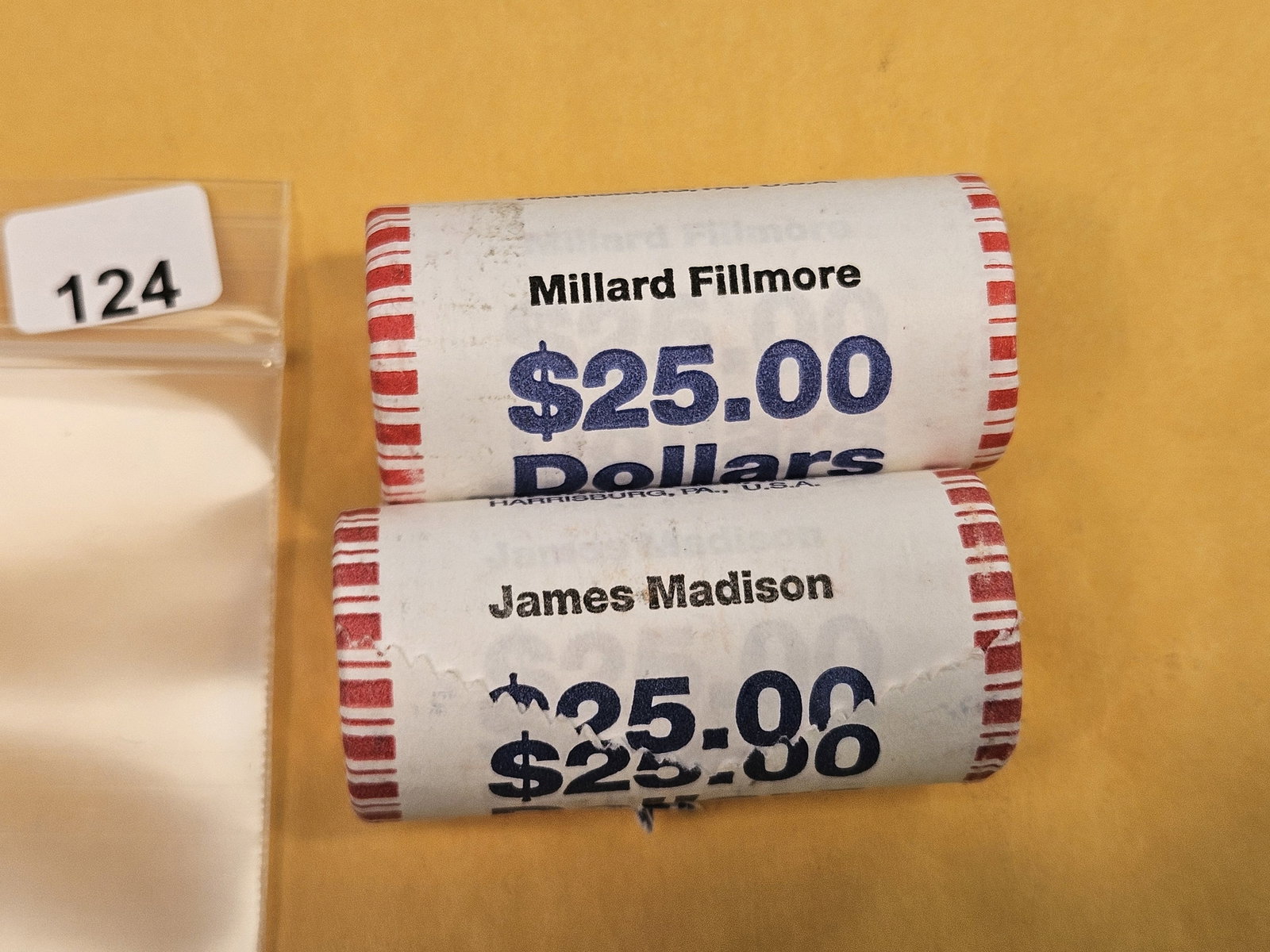 Two Mint-Wrapped, GEM Brilliant Uncirculated Presidential Dollar Rolls: Fillmore and Madison