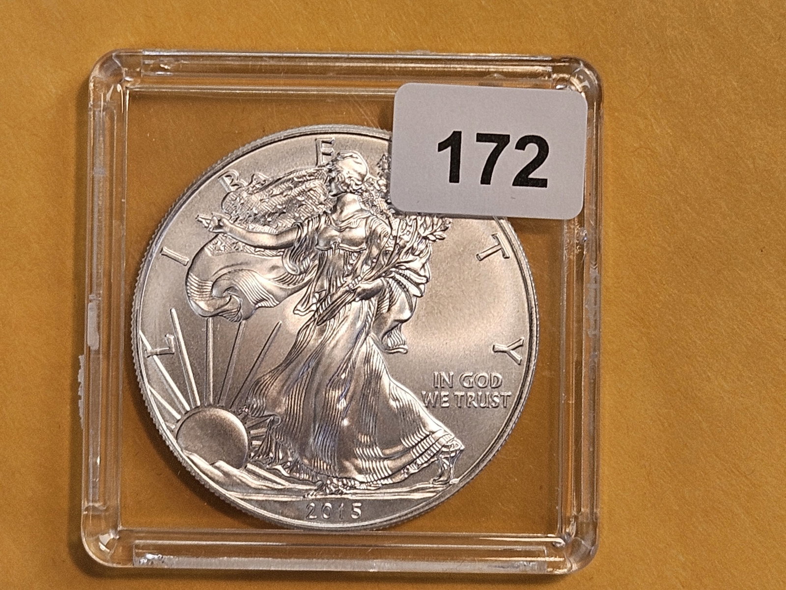 GEM Brilliant Uncirculated 2015 American Silver Eagle: In plastic capsule