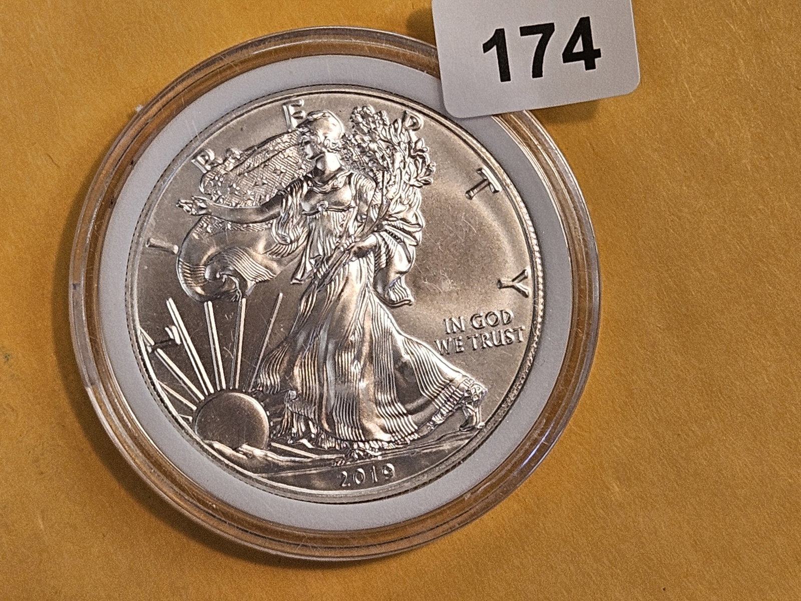 GEM Brilliant Uncirculated 2019 American Silver Eagle: In plastic capsule