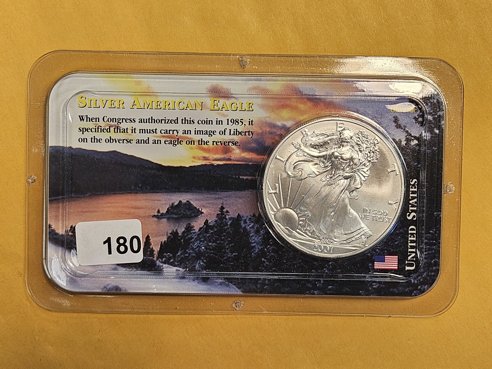 GEM Brilliant Uncirculated 2001 American Silver Eagle: In Littleton plastic holder.