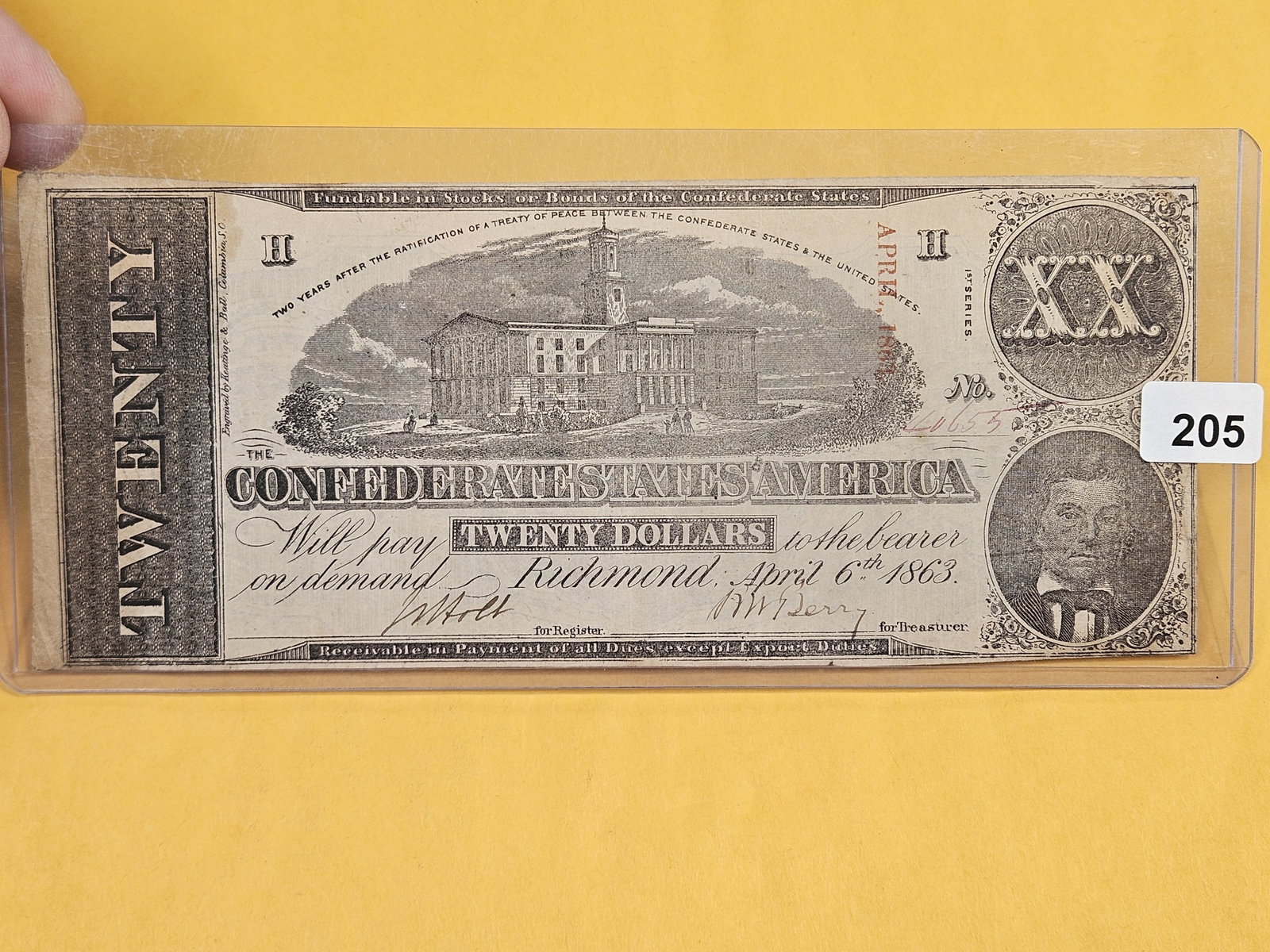 1863 Confederate States of America Twenty Dollars: T-59