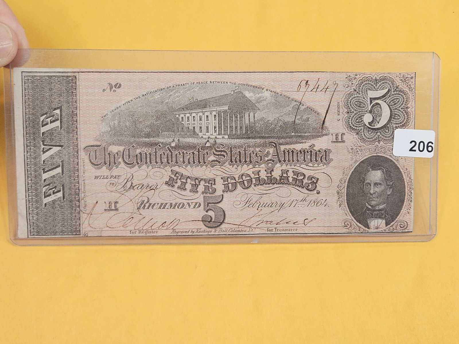 1864 Confederate States of America Five Dollars: Good color!