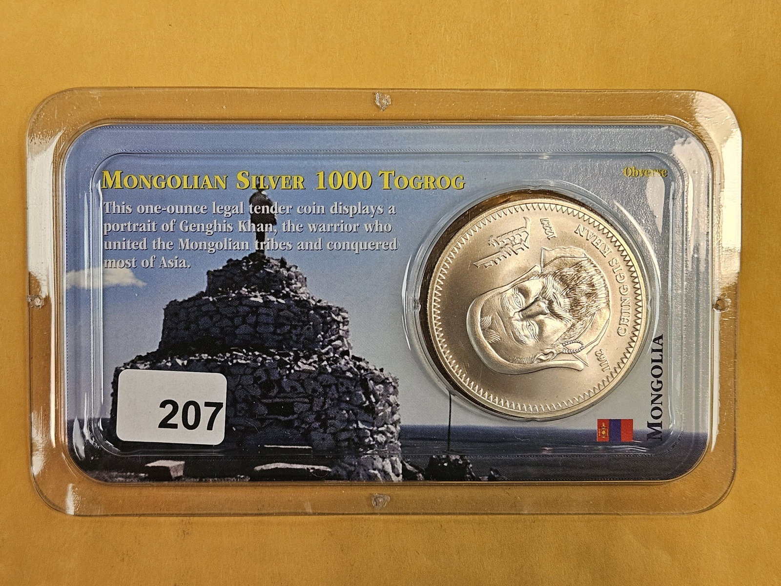 GEM Brilliant Uncirculated 2002 Mongolia Silver 1000 Togrog: In Littleton plastic holder.