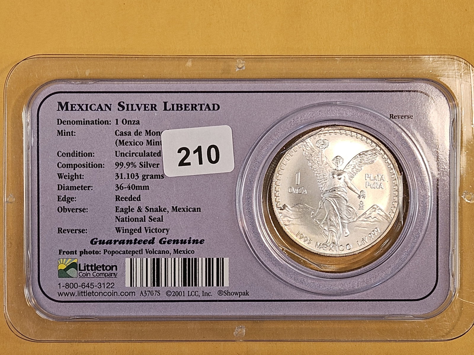 GEM Brilliant Uncirculated 1993 Mexico Silver Onza Libertad: In Littleton plastic holder.
