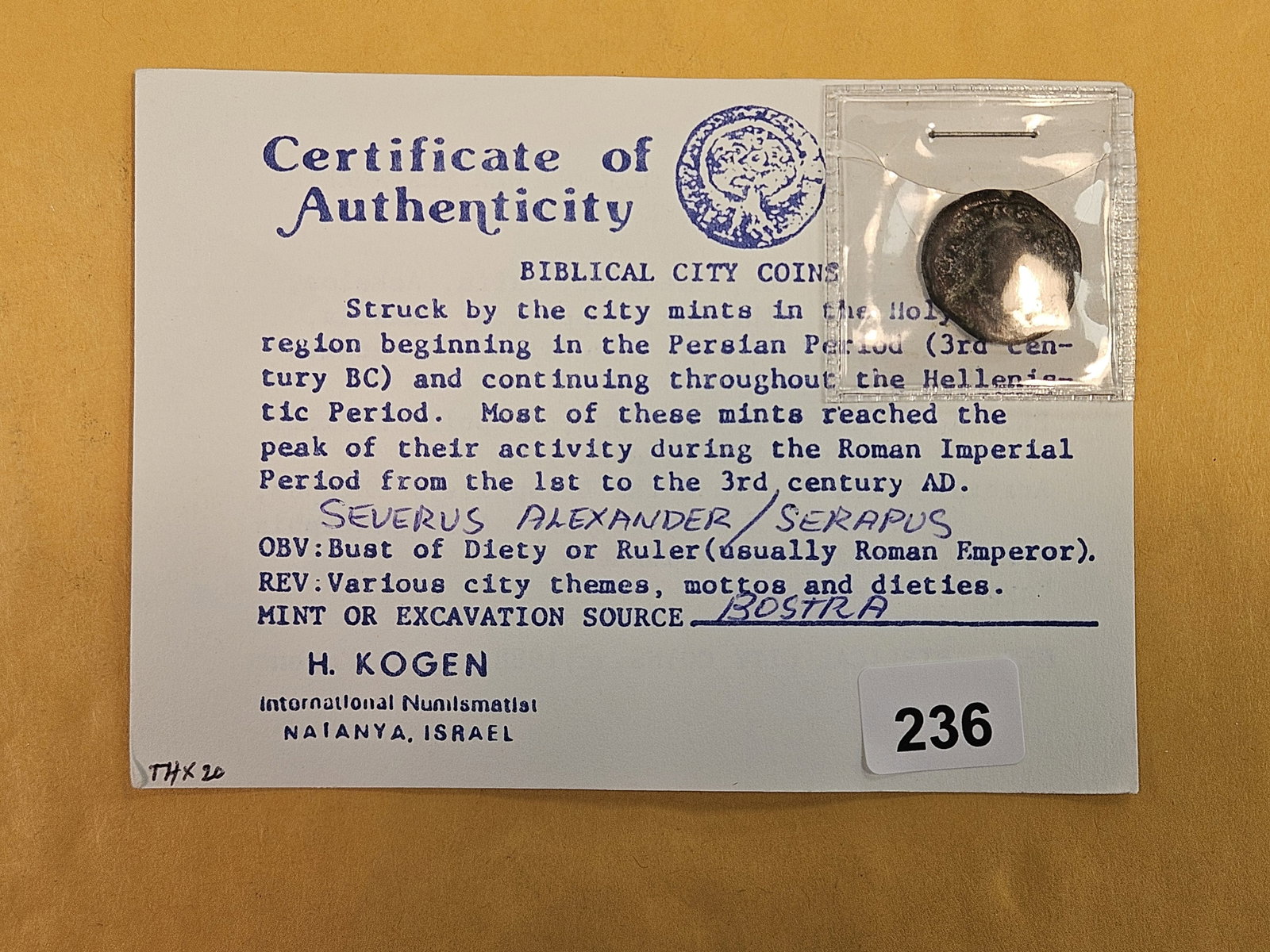 ANCIENT! Severus Alexander-Serapus coin: Excavated at Bostra. With COA