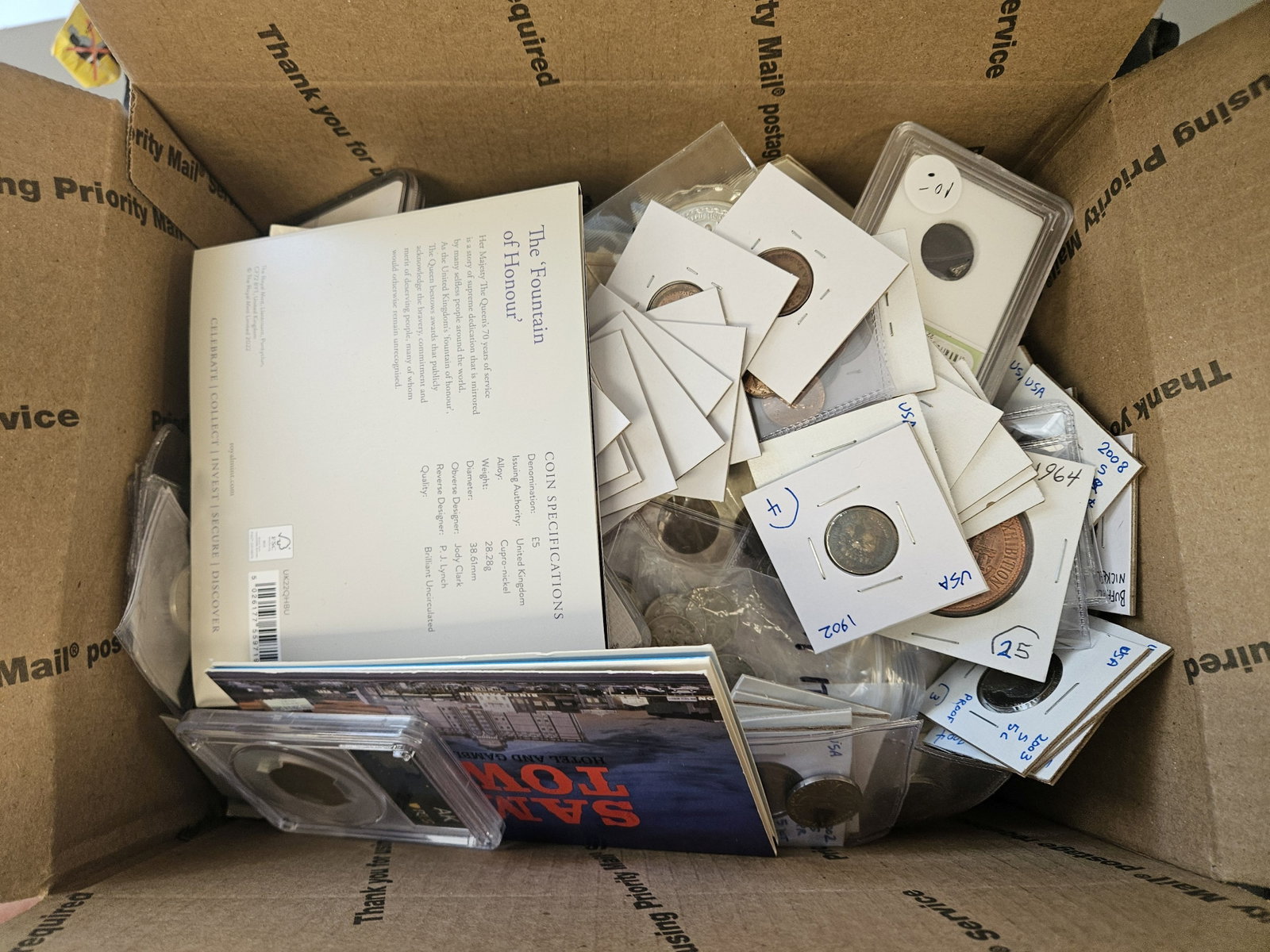 MAGICAL NUMISMATIC BOX OF MYSTERY!!!: What's in the Flat Rate Medium Box? We don't even know. It is about a years' worth of mixed numismatics all put into one box. We are cleaning out some shelves and our loss is your….gain? Looks