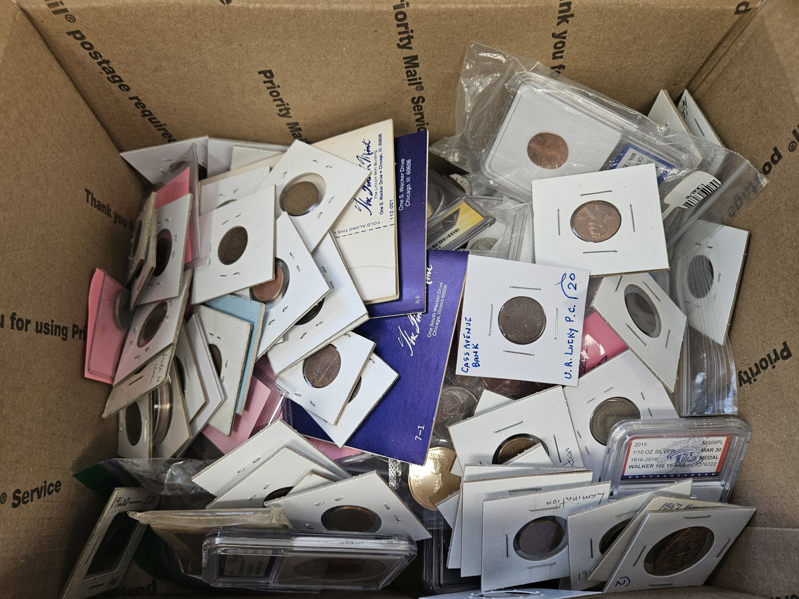 MAGICAL NUMISMATIC BOX OF MYSTERY!!!: What's in the Flat Rate Medium Box? We don't even know. It is about a years' worth of mixed numismatics all put into one box. We are cleaning out some shelves and our loss is your….gain? Looks