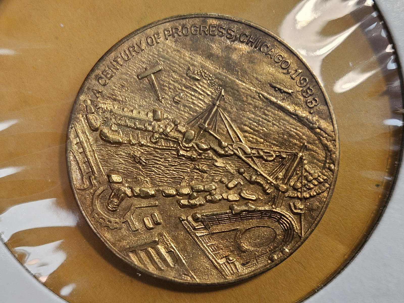 UNIQUE?? 1933 Chicago World's Fair Souvenir Token: Century of Progress. Reverse is blank, like they were going to engrave it. Looks like brass or copper Gilt. I can not find another one like it