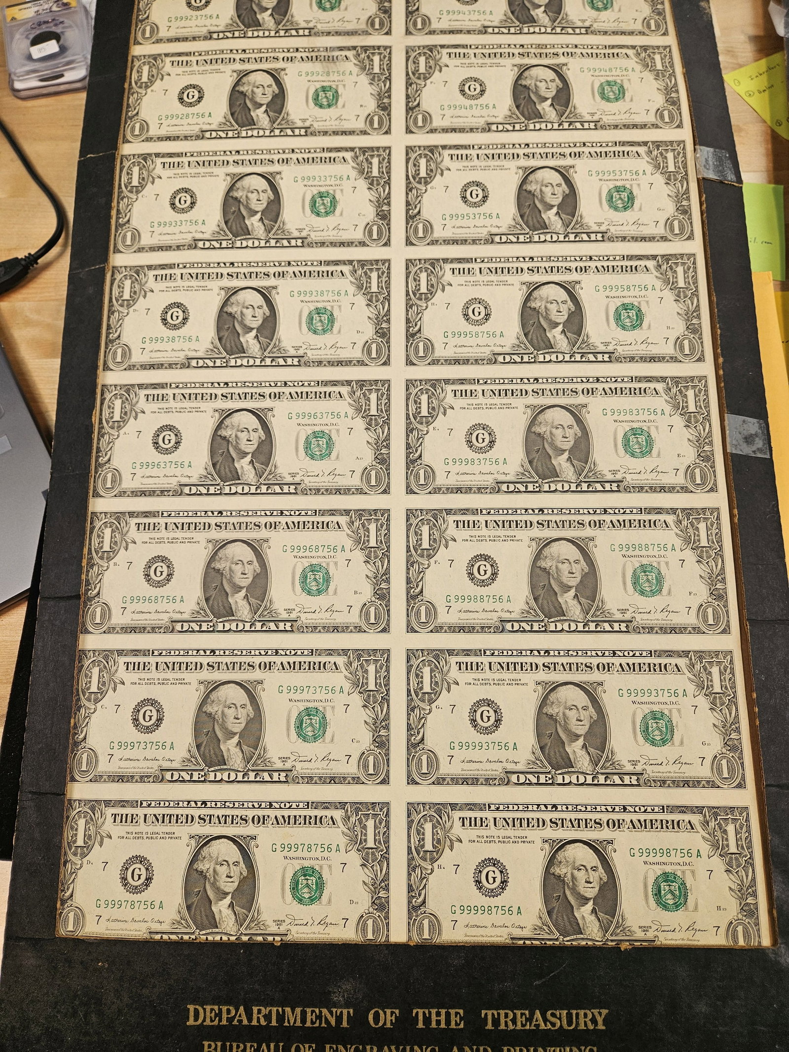 Complete Sheet of Series of 1981-A One Dollar FRNs - 2