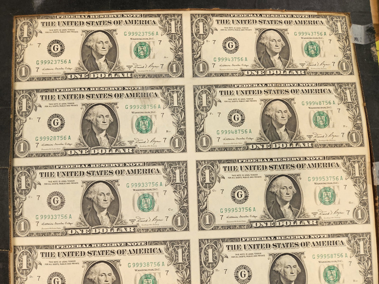 Complete Sheet of Series of 1981-A One Dollar FRNs - 3