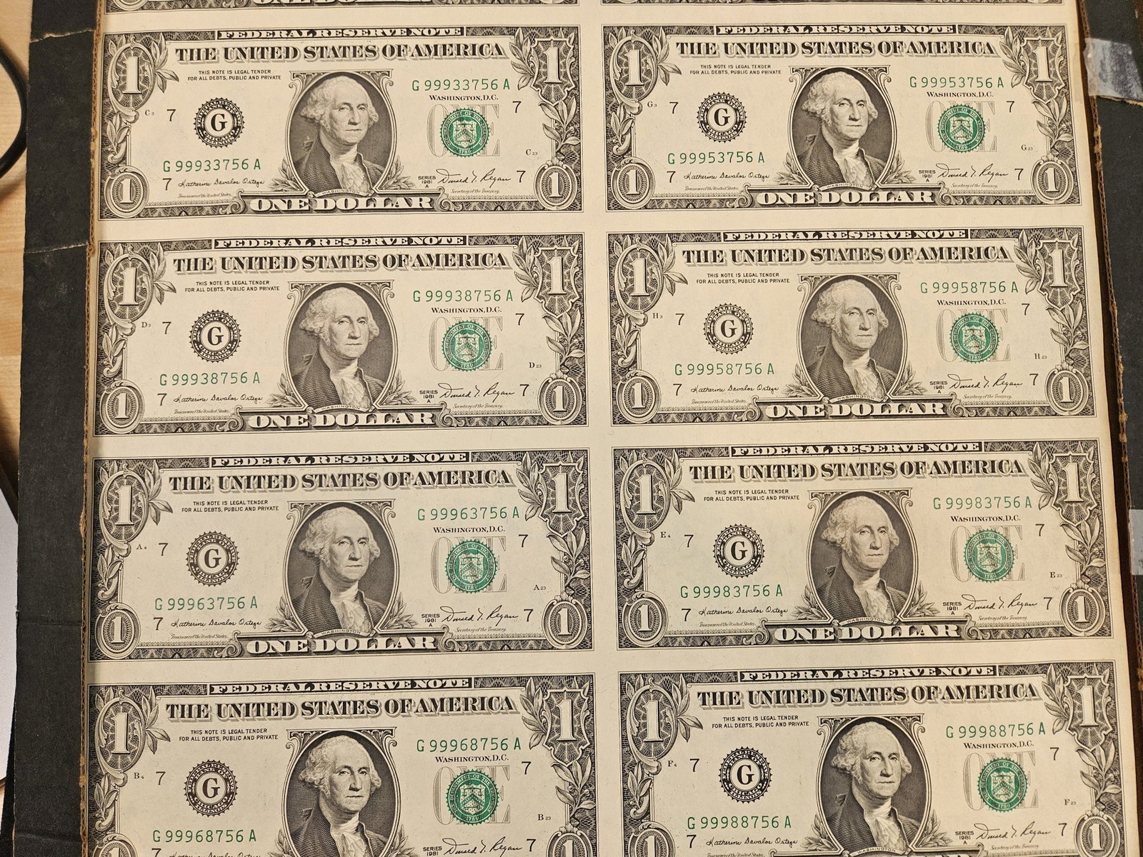 Complete Sheet of Series of 1981-A One Dollar FRNs - 4