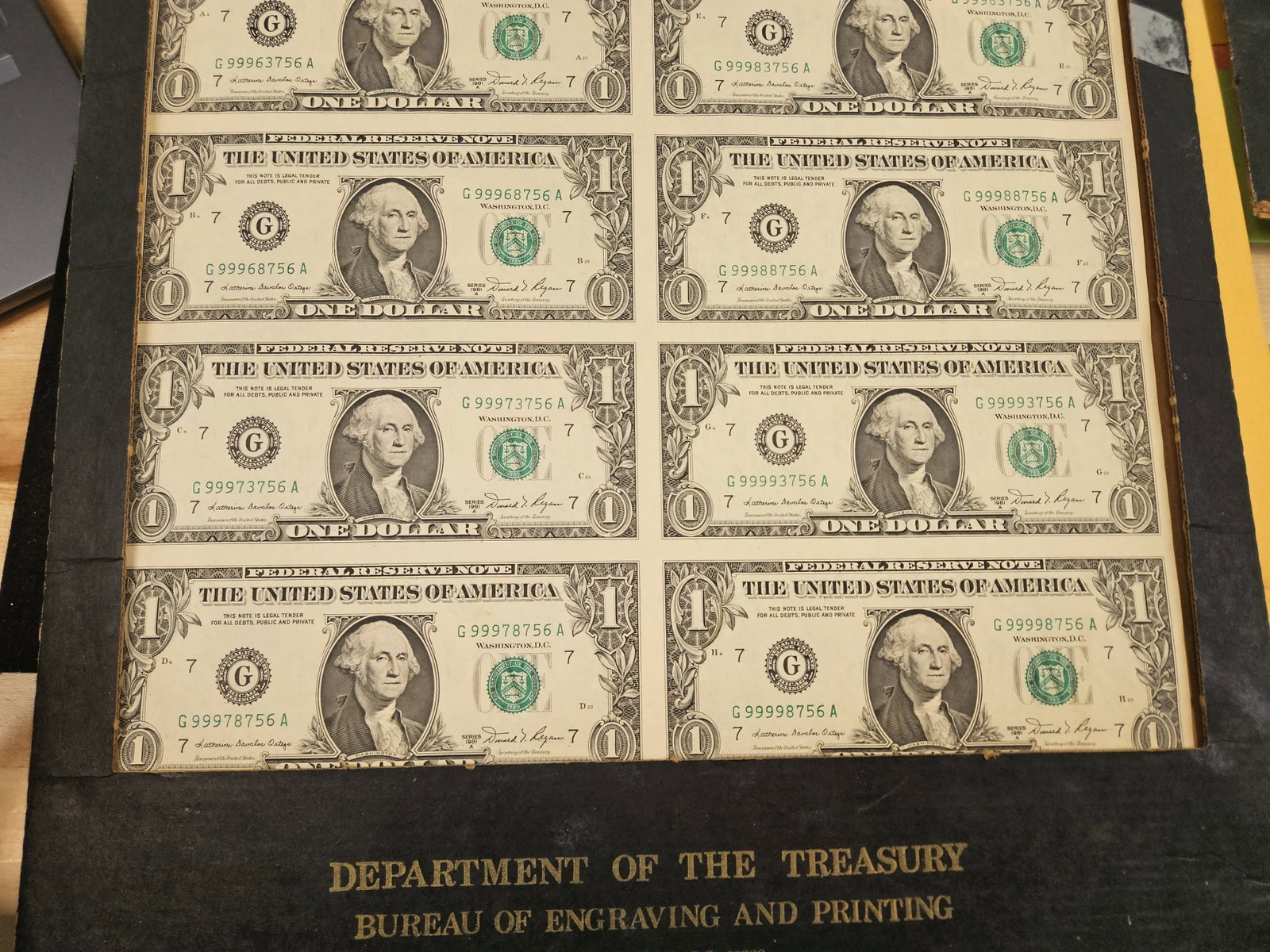 Complete Sheet of Series of 1981-A One Dollar FRNs - 5