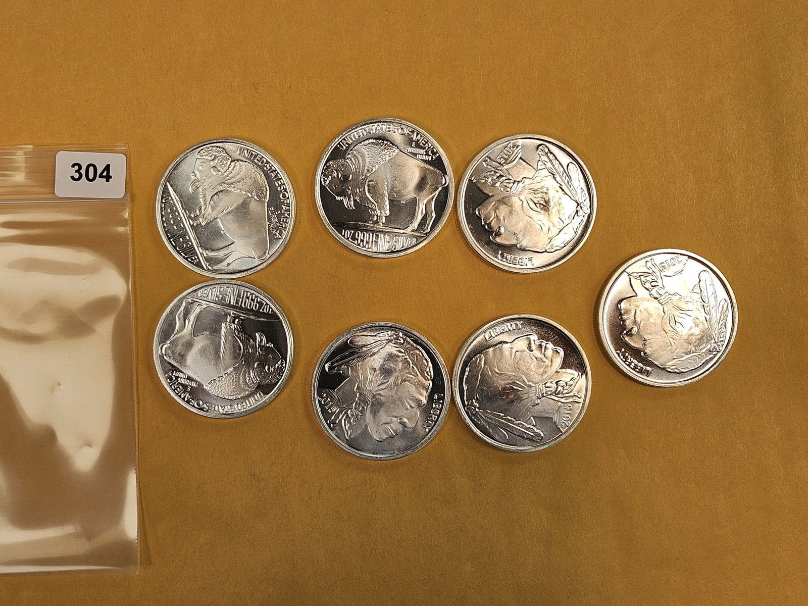 SEVEN 1-troy ounce .999 fine silver rounds: Buffalo