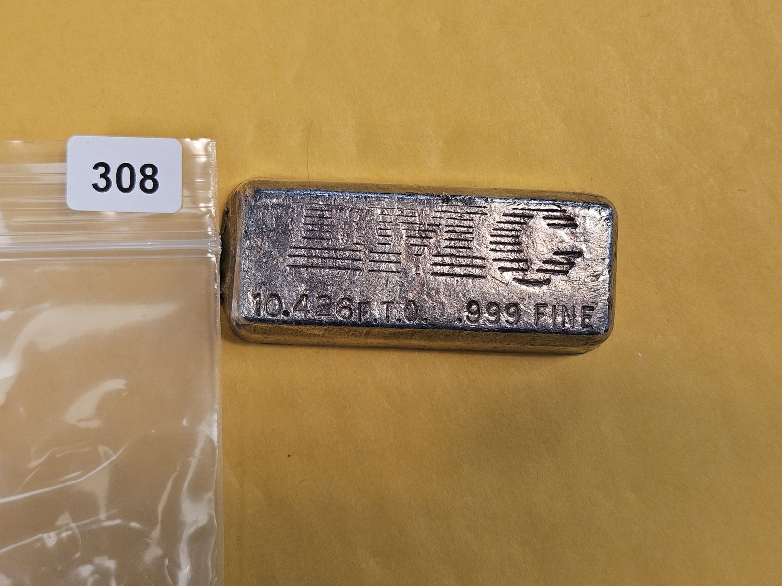 TEN point 426 Troy ounce .999 fine silver poured bar: 10.426 TO.
