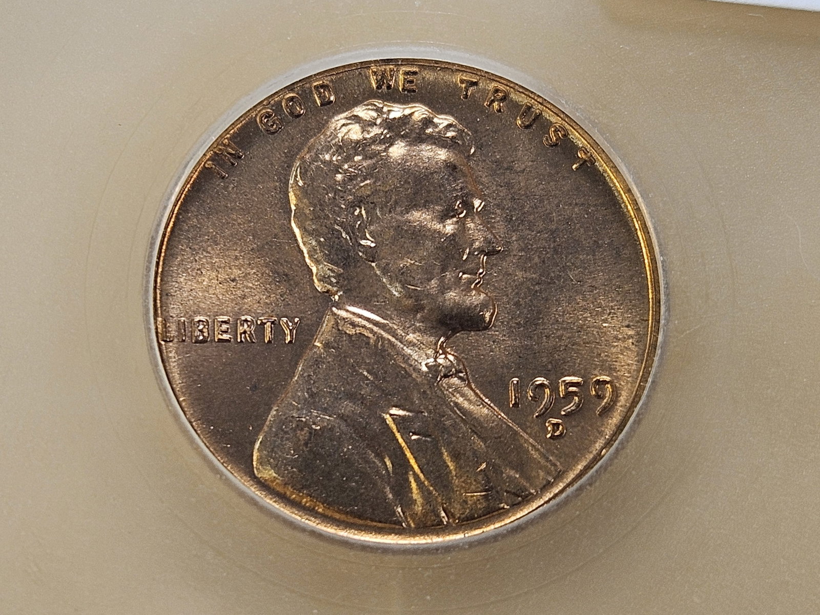 VARIETY! SEGS 1959-D/D Lincoln Memorial Cent in Mint State 64 Red: Repunched Mint Mark. RPM-4