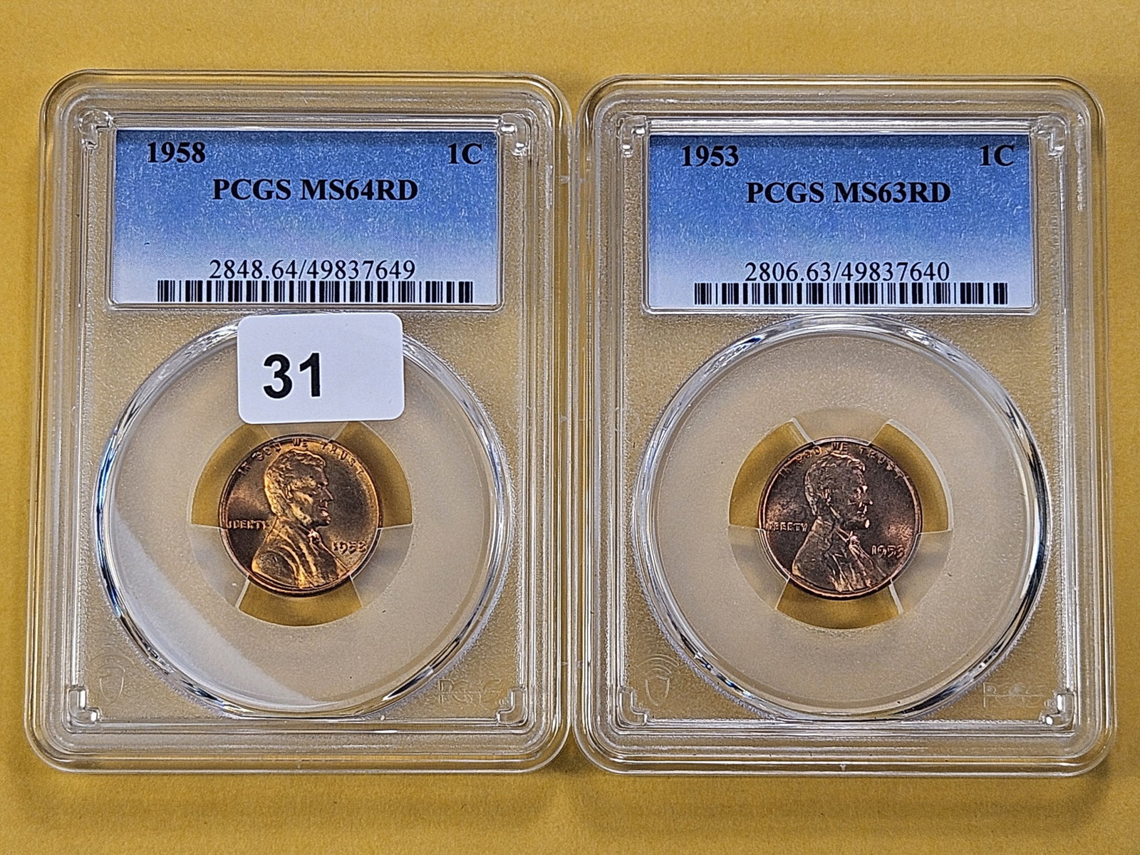 Two PCGS Graded Lincoln Wheat Cents: 1953 in Mint State 63 Red and 1958 in Mint State 64 Red