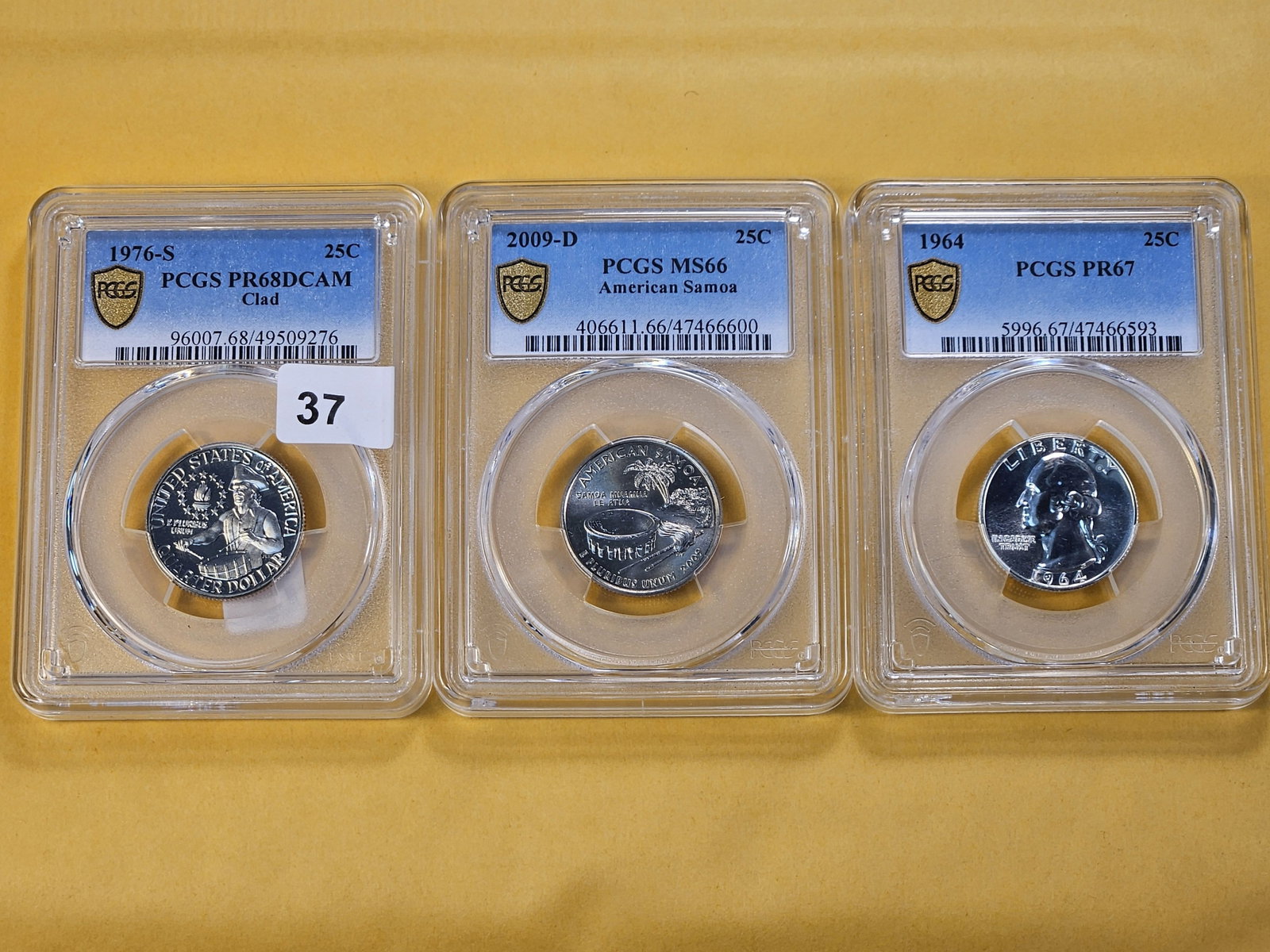 GEM! Three PCGS Washington Quarters: 1964 in Proof 67, 1976-S in Proof 68 Deep Cameo and 2009-D in Mint State 66