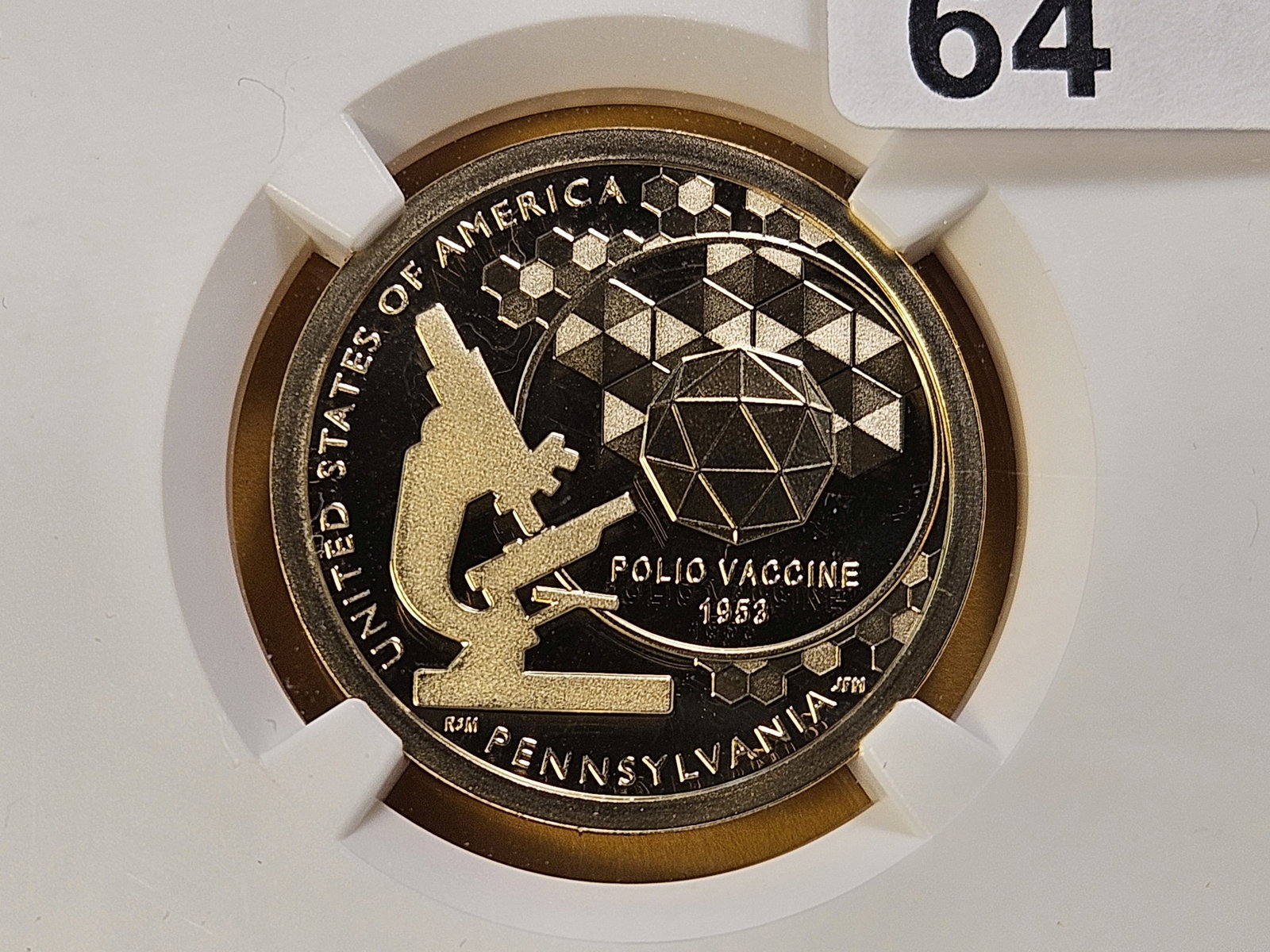 PERFECT GRADE! 2019-S American Innovation Dollar in Proof 70 Ultra Cameo: Perfect Grade! Polio Vaccine