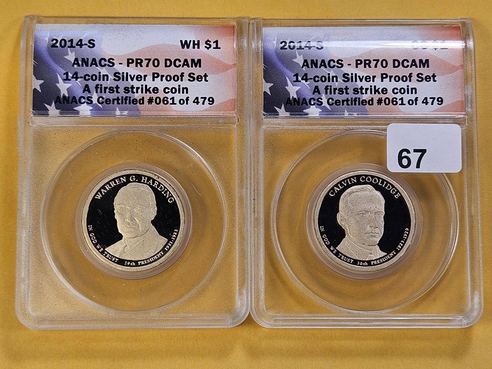 PERFECT GRADES! Two ANACS 2014-S Presidential Dollars in Proof 70 Deep Cameo: Perfect Grades! Calvin Coolidge and Warren Harding