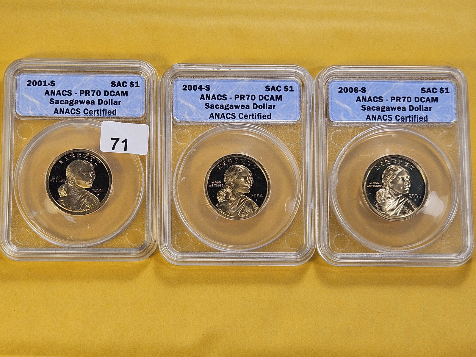 PERFECT GRADES! Three ANACS Sacagawea Dollars in Proof 70 Deep Cameo: Perfect Grades! 2001-S, 2004-S and 2006-S