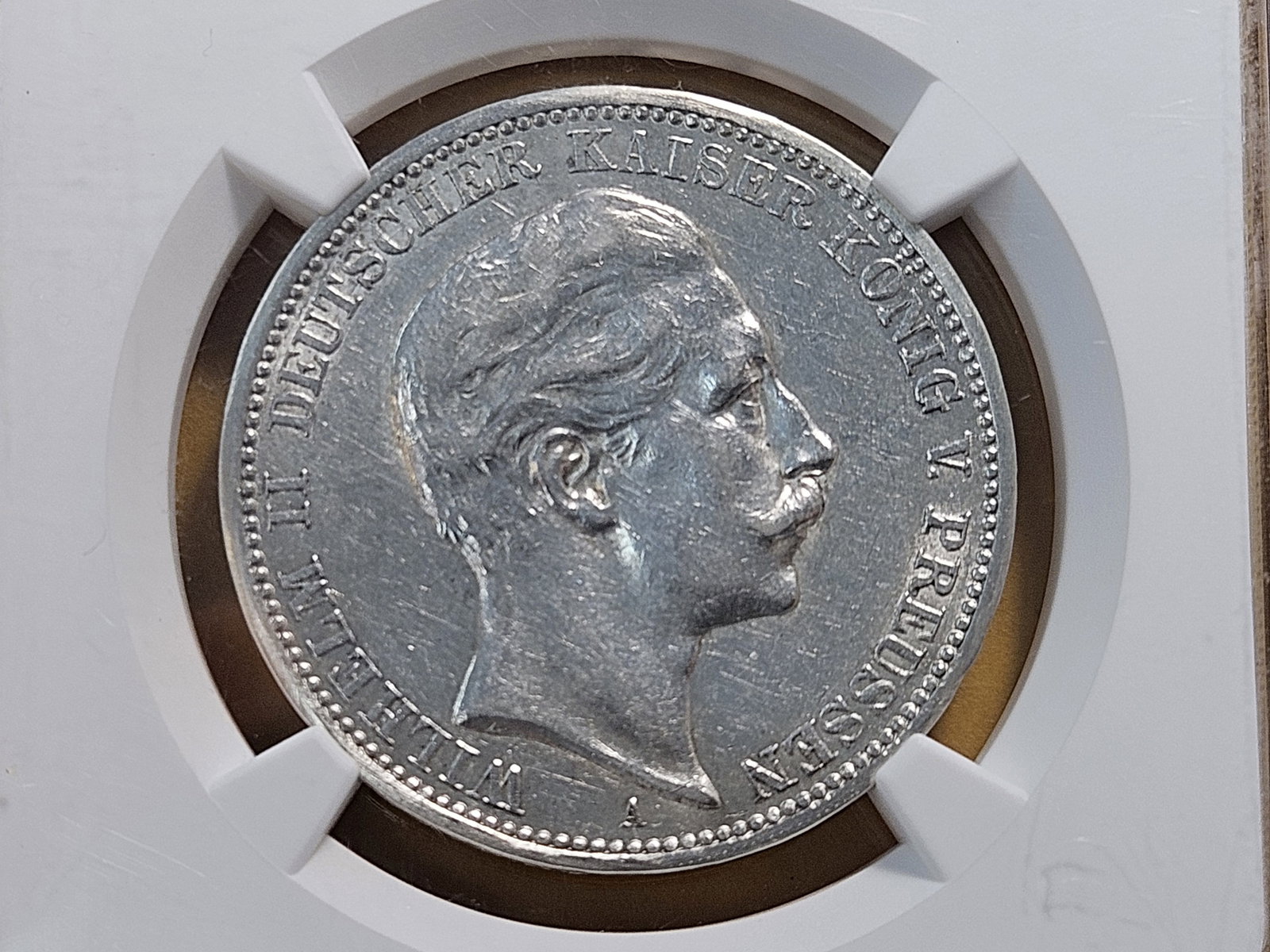 NGC 1909-A German State Prussia Silver 3 Mark in About Uncirculated -details: Rim Filing. KM# 527