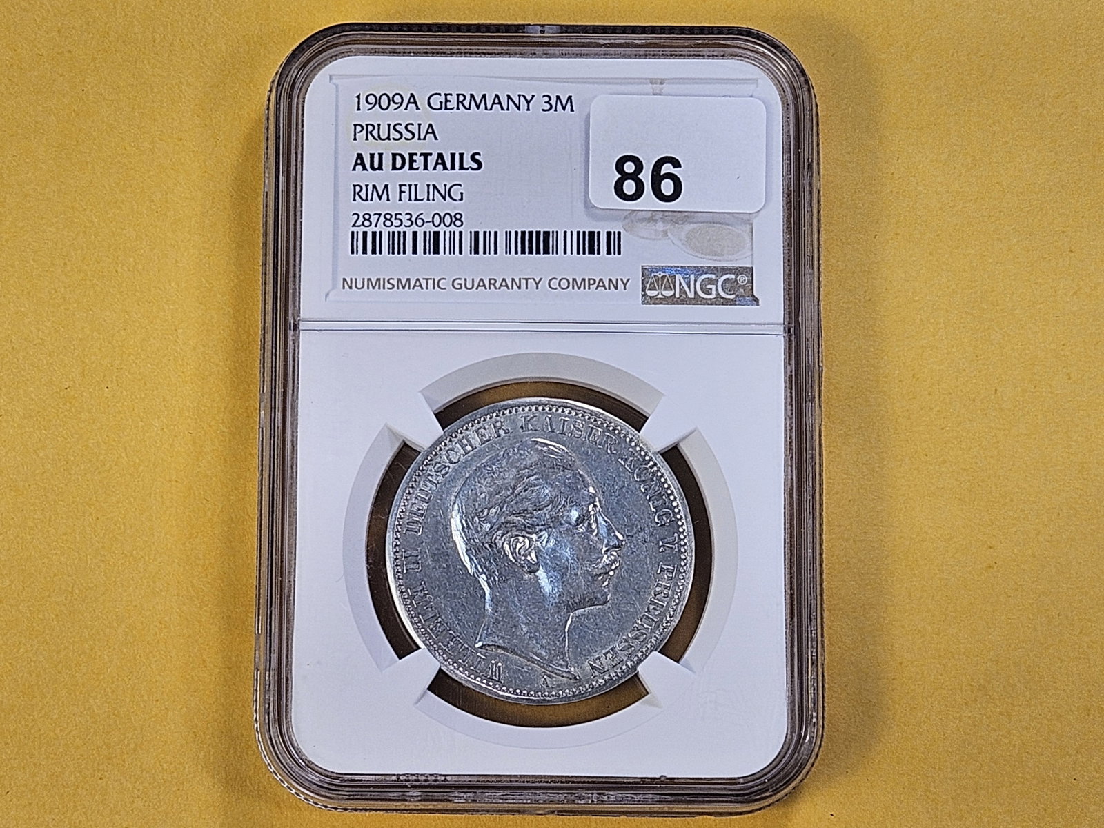 NGC 1909-A German State Prussia Silver 3 Mark in About Uncirculated -details - 2
