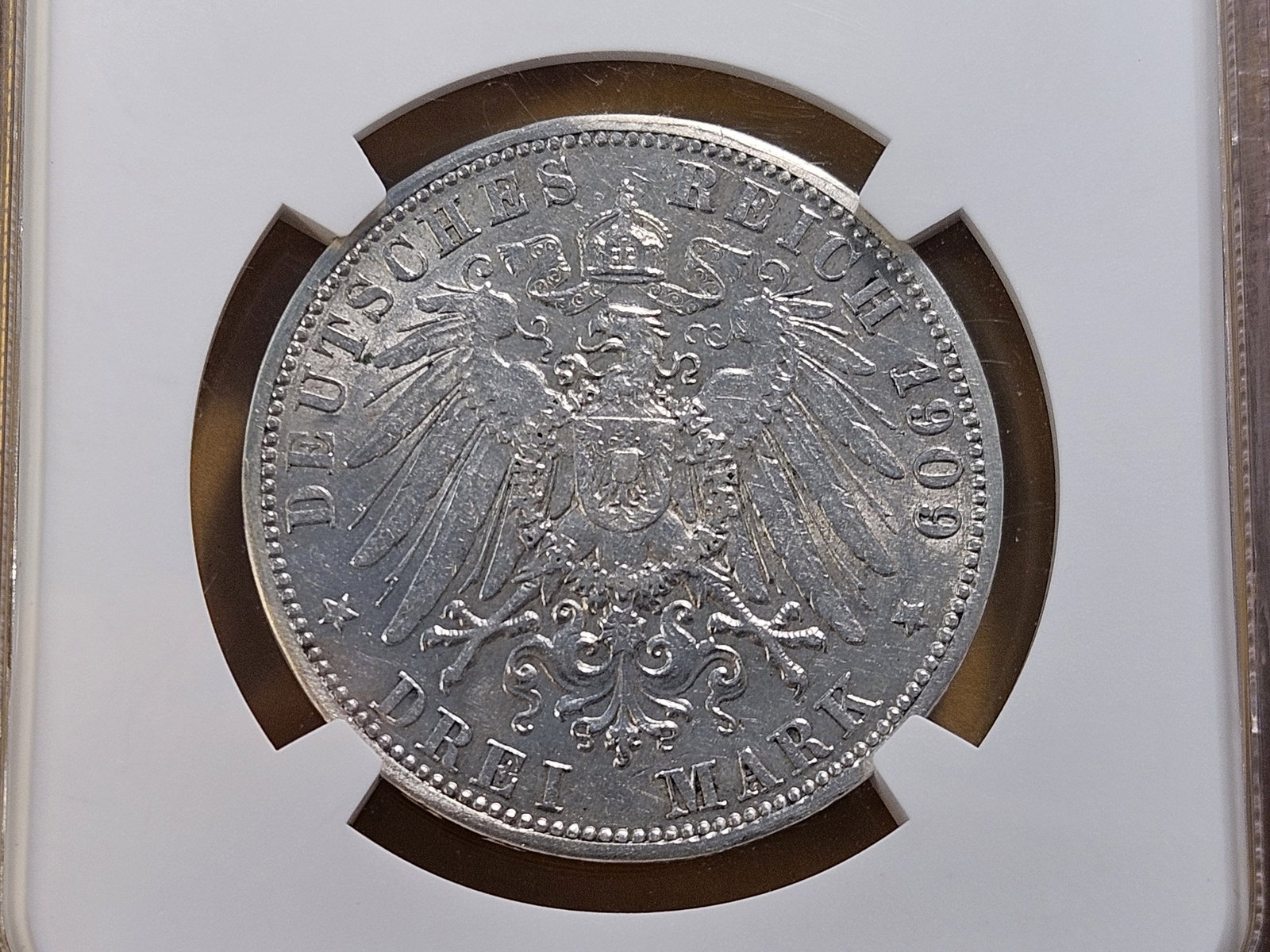 NGC 1909-A German State Prussia Silver 3 Mark in About Uncirculated -details - 4