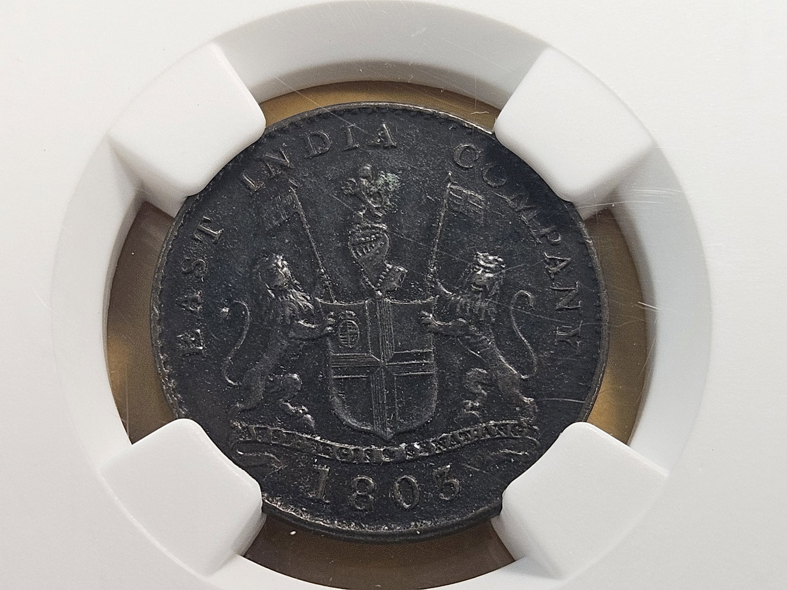 NGC 1803 India 5 Cash in About Uncirculated -details: Madras Presidency. Large Lettering