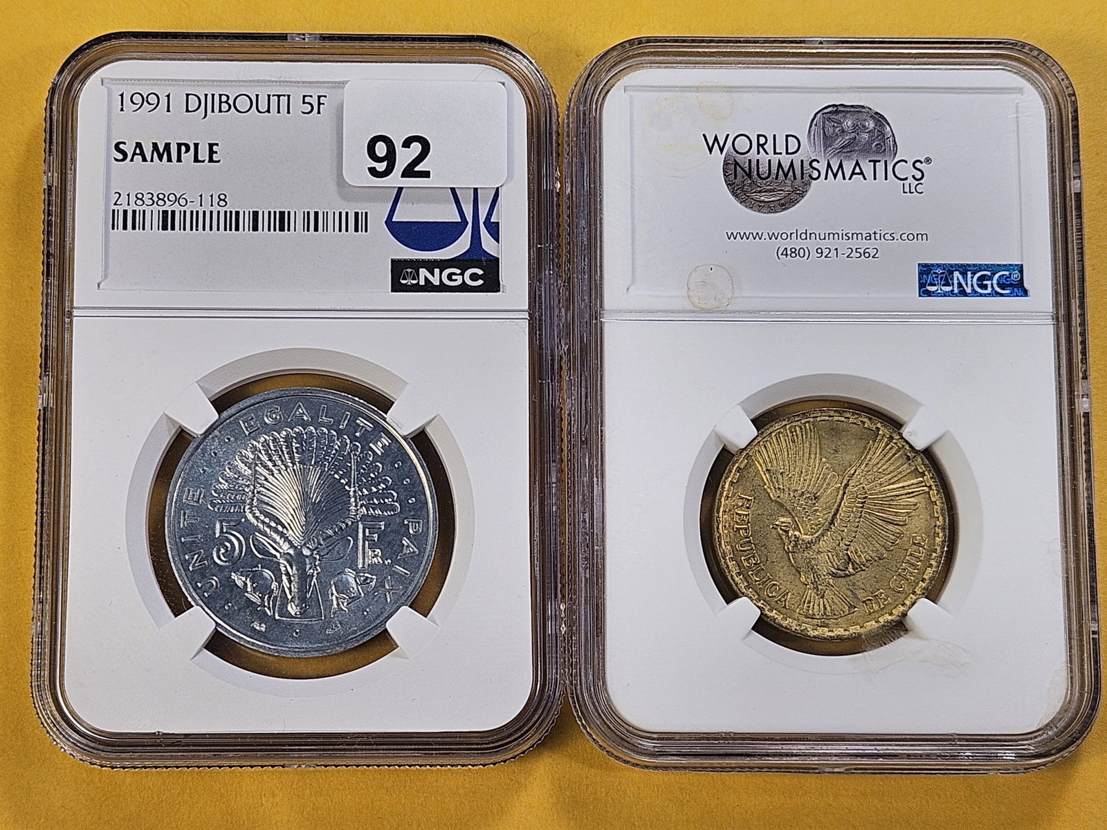 Two NGC Slabbed Ungraded Foreign Coins: 1991 Djibouti 5 Francs and Republic of Chile 10 Centesimos