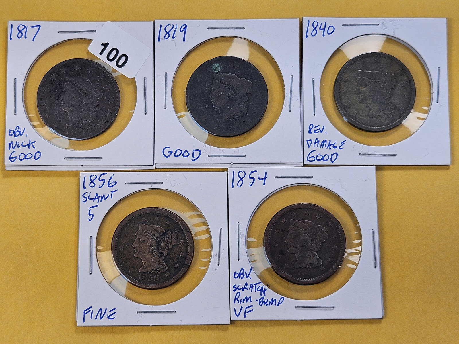 Five Mixed US Large Cents: 1817 and 1819 Coronet Head Cents with 1840, 1854 and 1856 Braided Hair Large Cents
