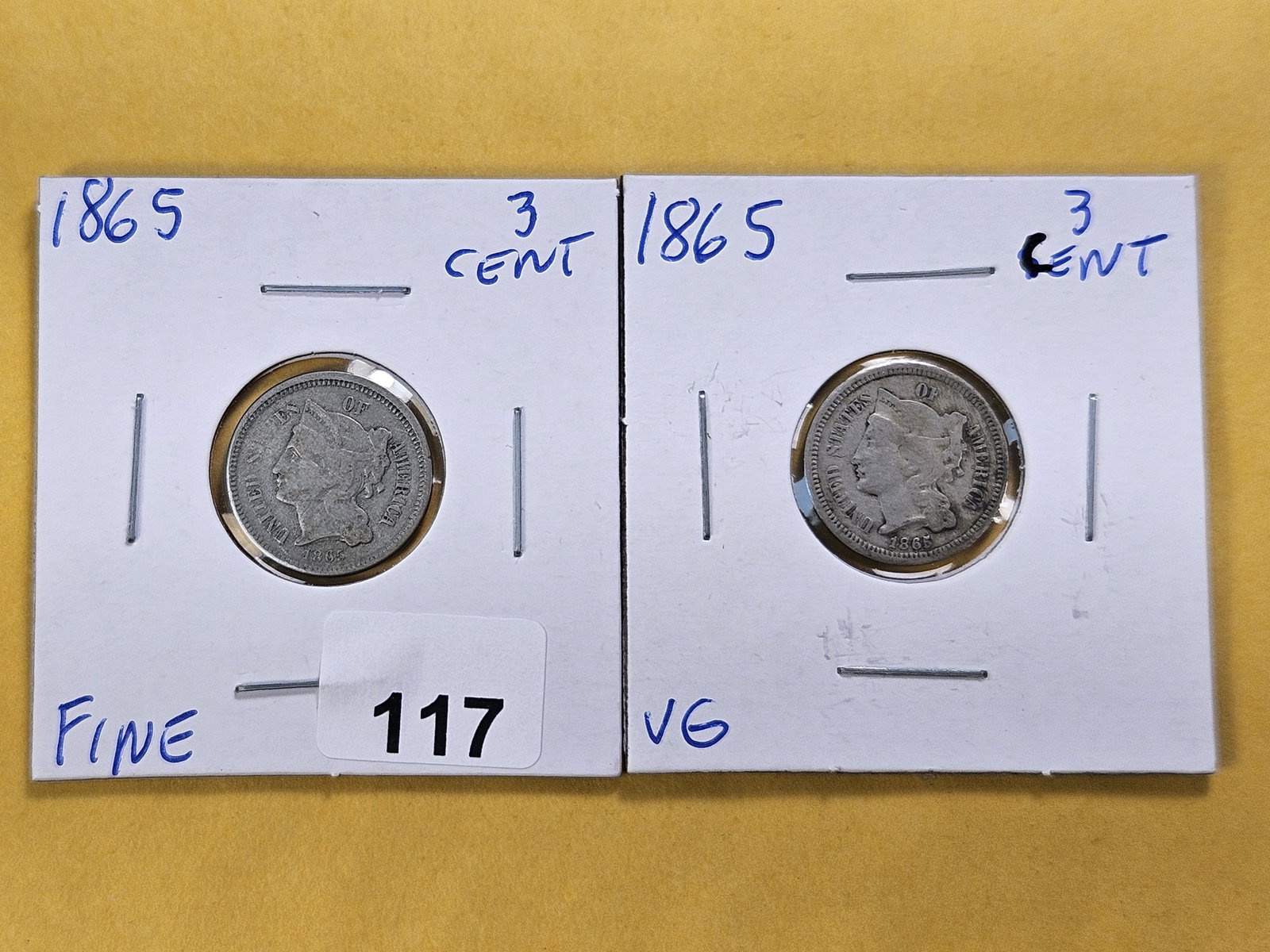 Two 1865 Three Cent Nickels: In Very Good and Fine