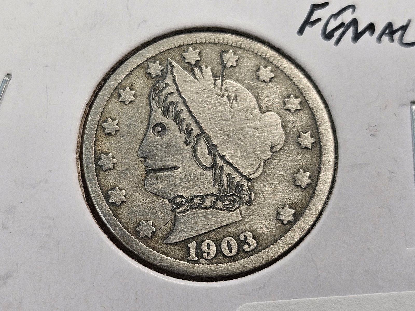 HOBO NICKEL! 1903 Liberty V Nickel: Hand Carved Lady with Bonnet