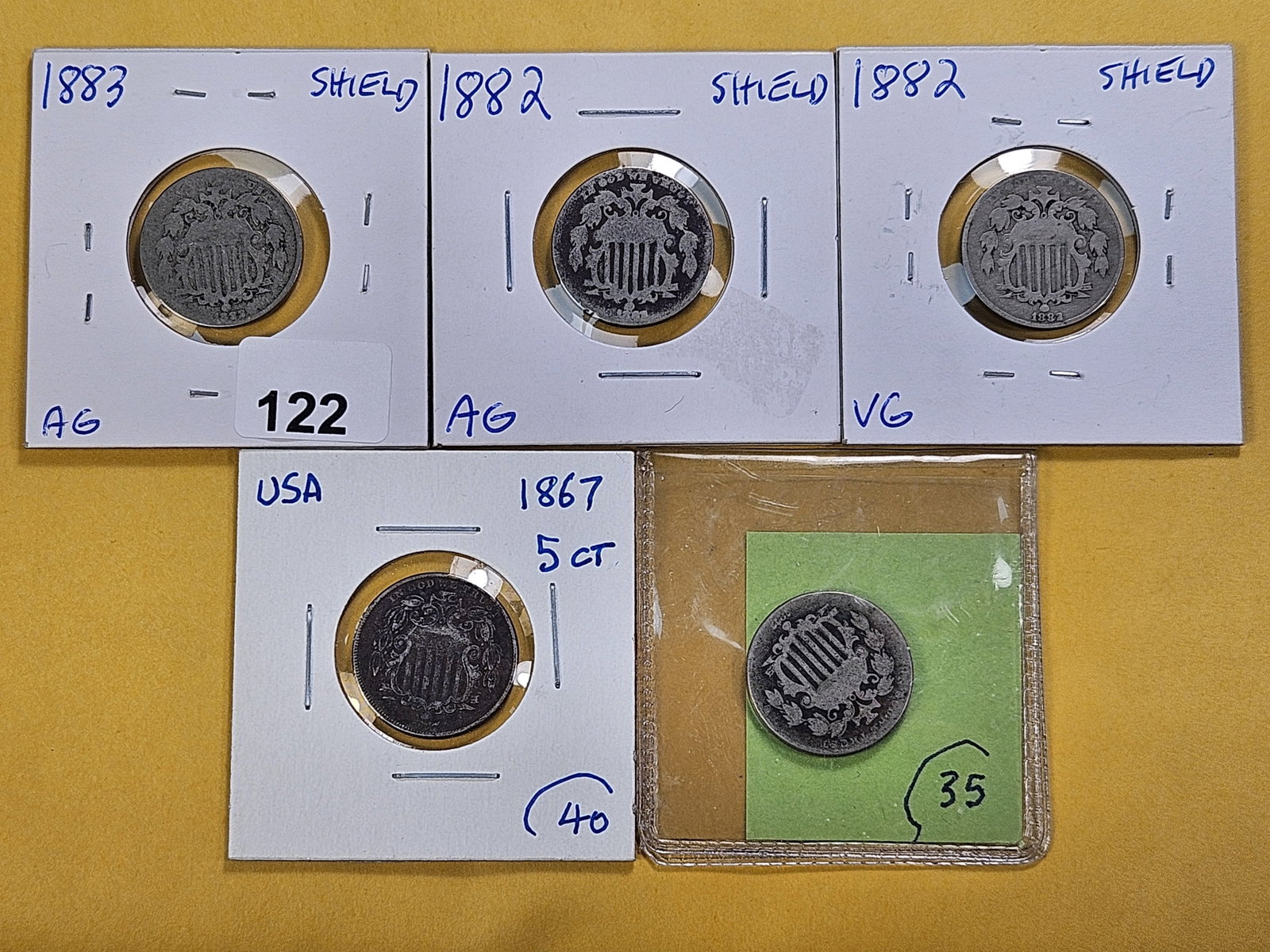 Five Circulated Shield Nickels (1 of 7)