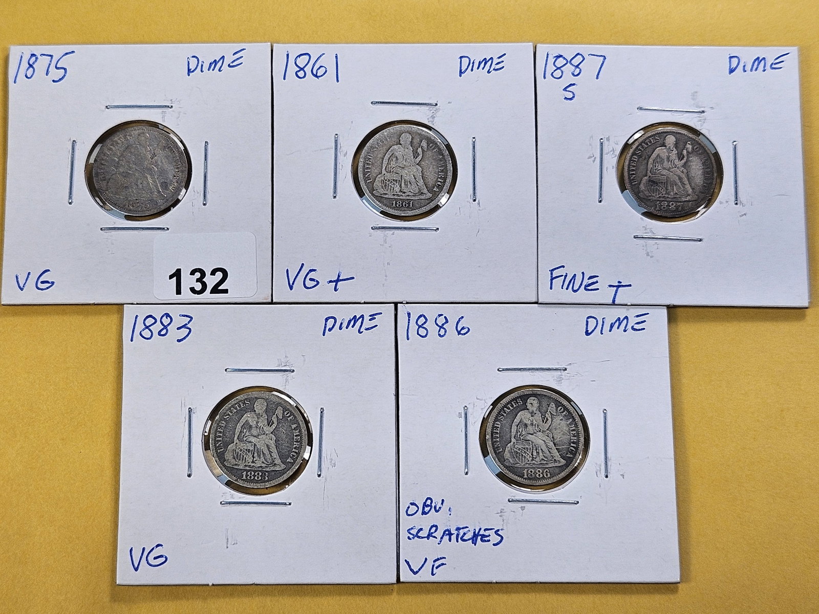 Five Circulated Seated Liberty Silver Dimes: 1861, 1875, 1883, 1886 and 1887-S