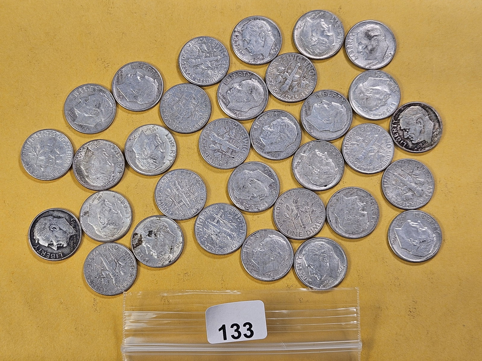 Thirty-two Roosevelt Silver Dimes: Circulated and About Uncirculated. Mixed dates