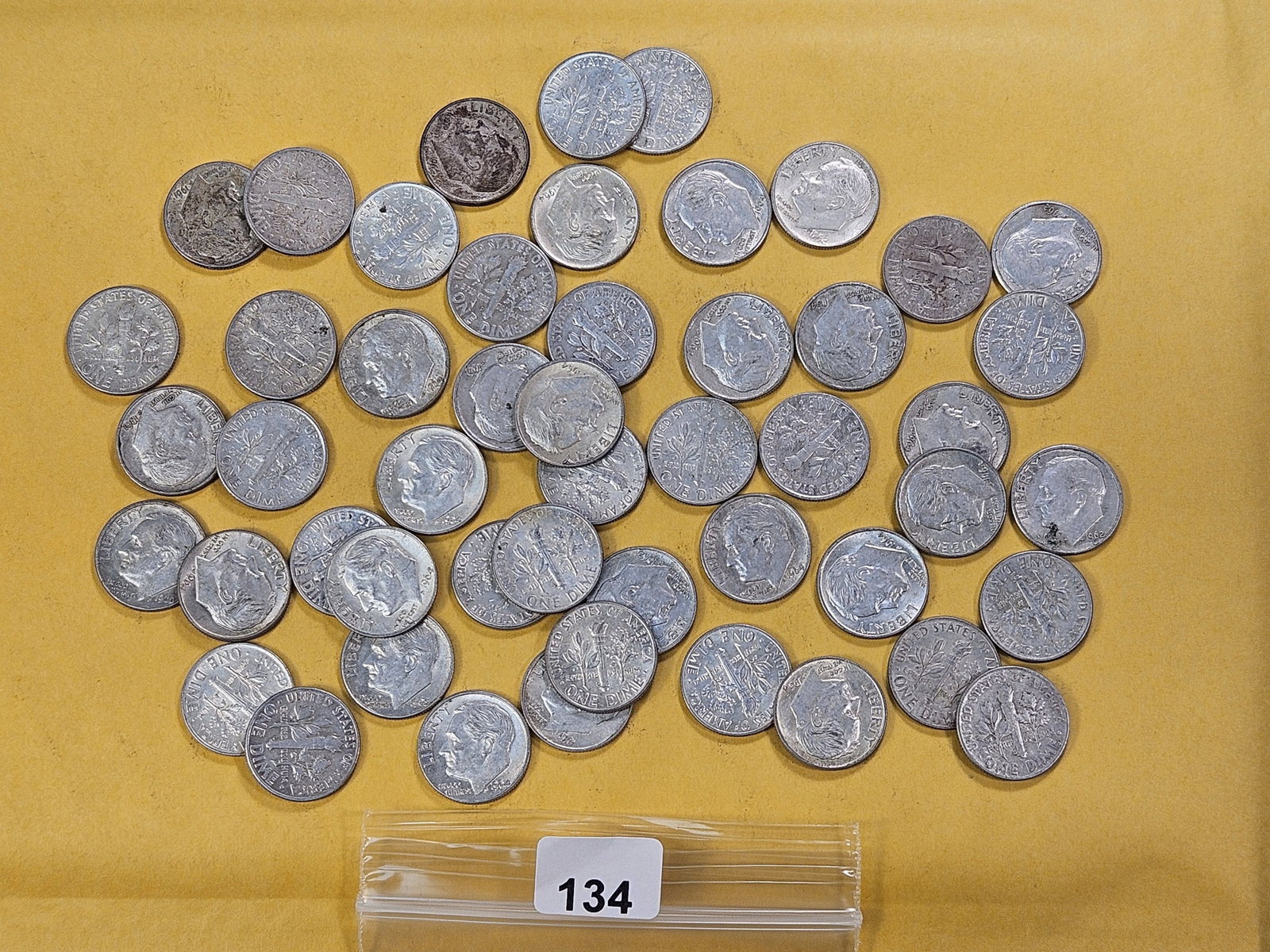 Fifty Mixed Roosevelt Silver Dimes: Circulated and About Uncirculated. Mixed dates