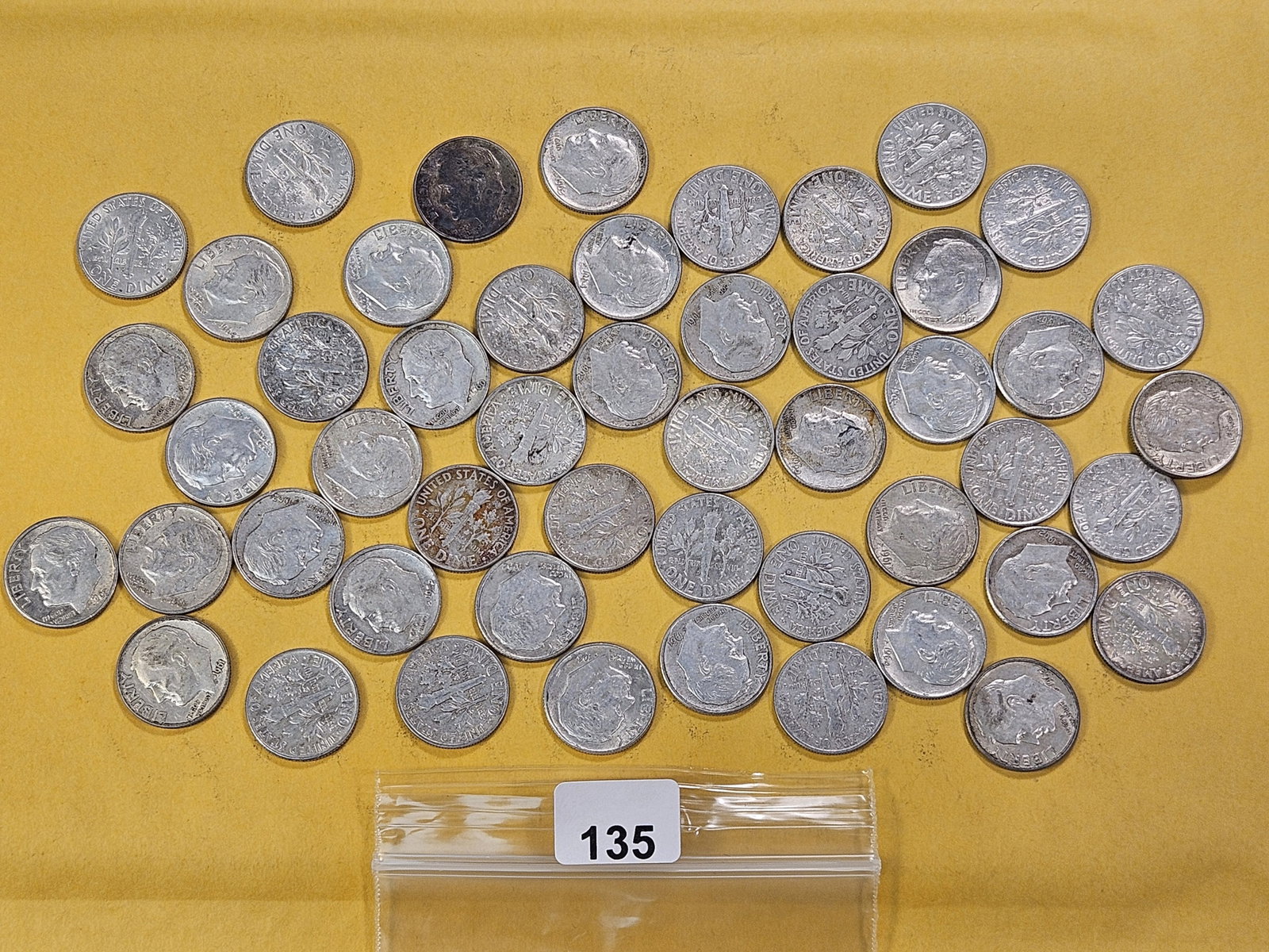 Fifty Mixed Roosevelt Silver Dimes: Circulated and About Uncirculated. Mixed dates
