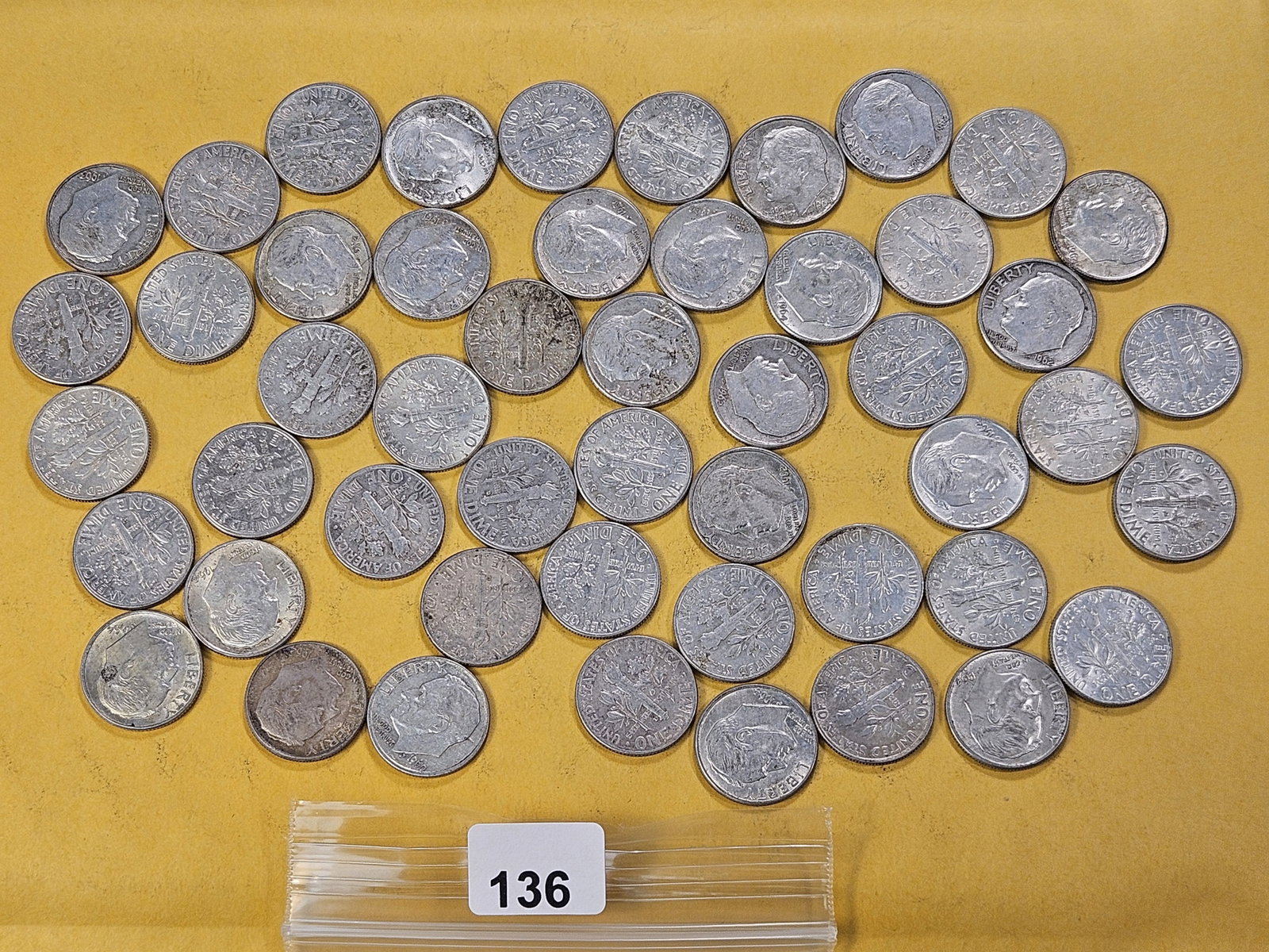 Fifty Mixed Roosevelt Silver Dimes: Circulated and About Uncirculated. Mixed dates