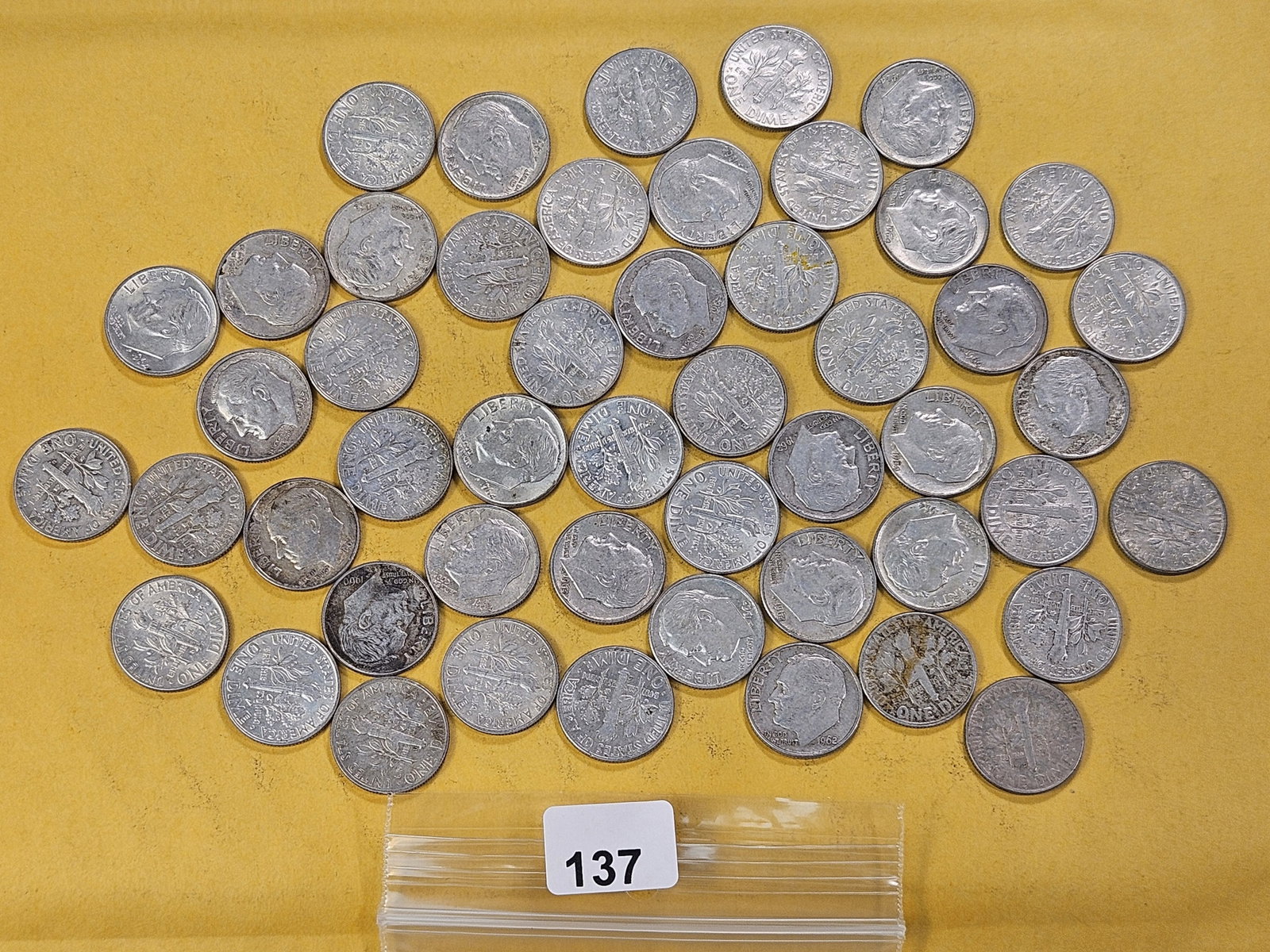Fifty Mixed Roosevelt Silver Dimes: Circulated and About Uncirculated. Mixed dates
