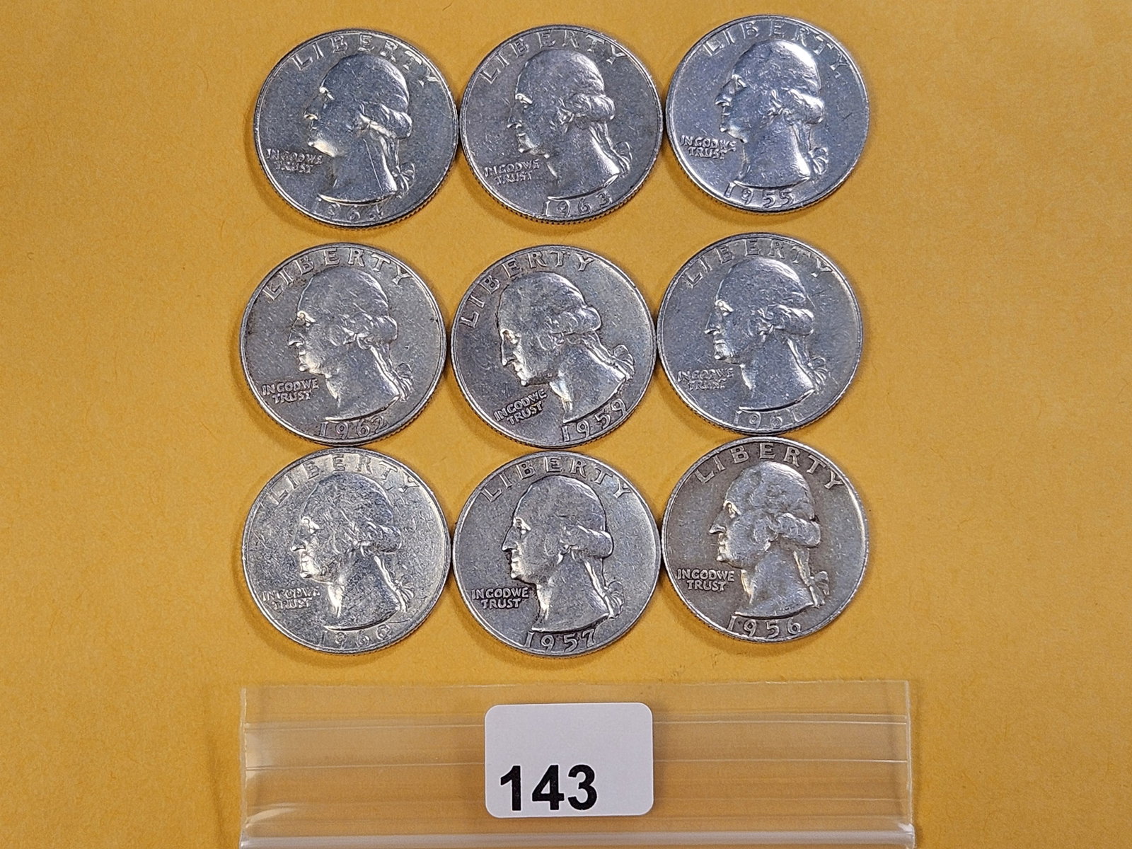 Nine Washington Silver Quarters: Mixed Dates and Grades