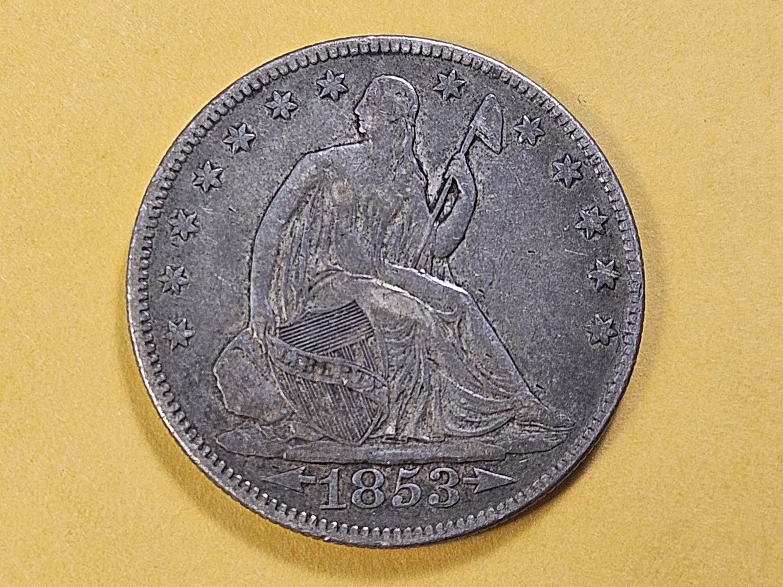 Better Grade 1853 Arrows and Rays Seated Liberty Silver Half Dollar: In Very Fine! Well Struck!