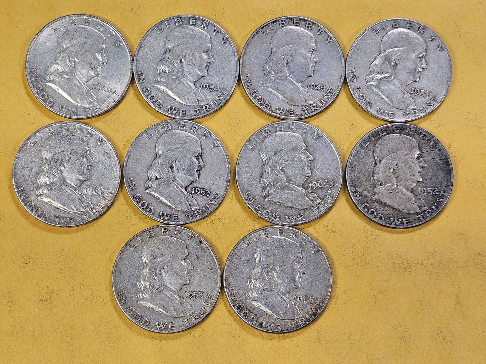 Ten Circulated Franklin Silver Half Dollars - 2