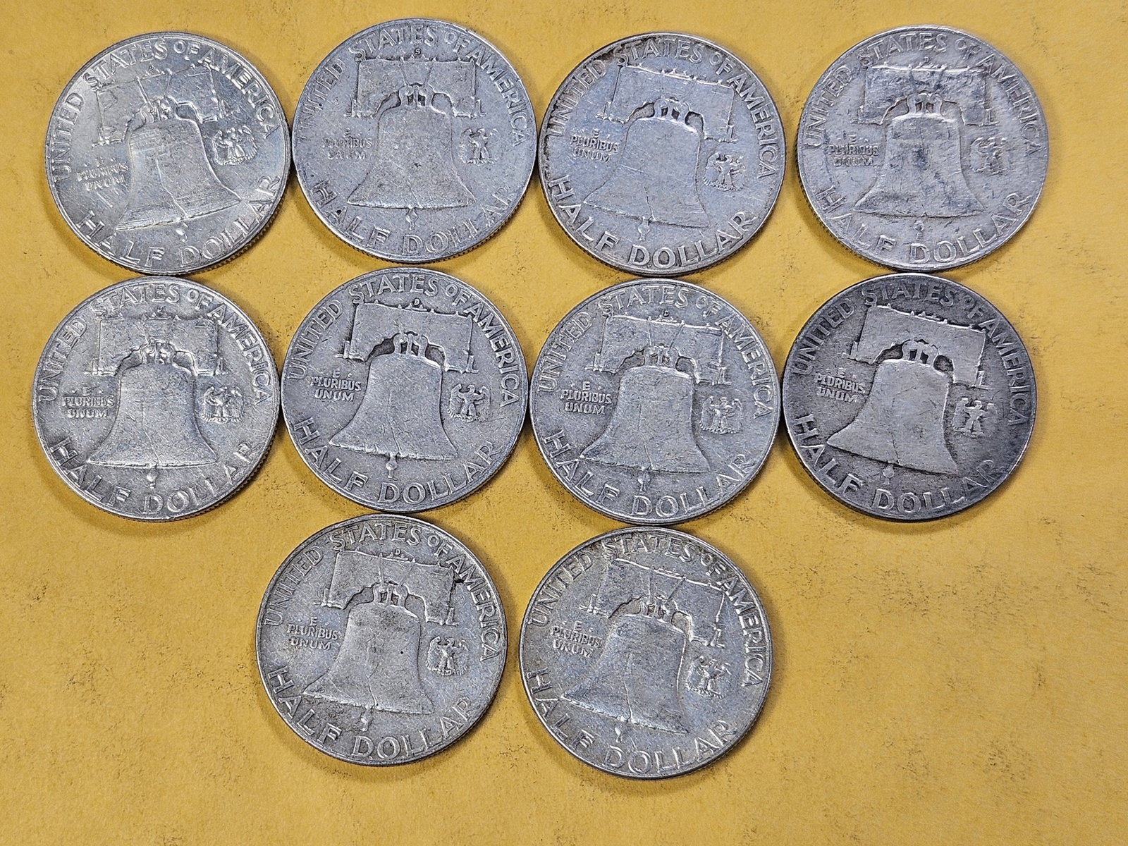 Ten Circulated Franklin Silver Half Dollars - 4