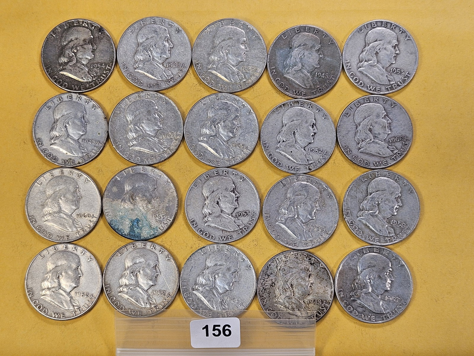 Twenty Circulated Franklin Silver Half Dollars: Mixed Dates and Grades